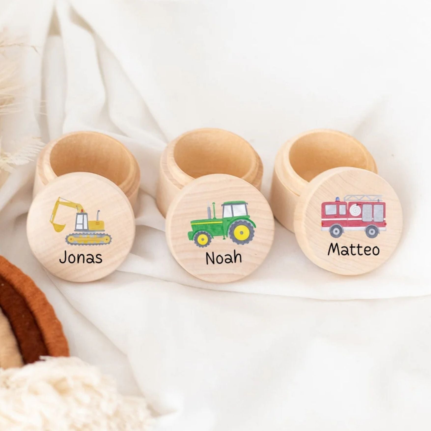 Milchzahndose Holz personalisiert - Fahrzeuge Aquarell - wunderwunsch