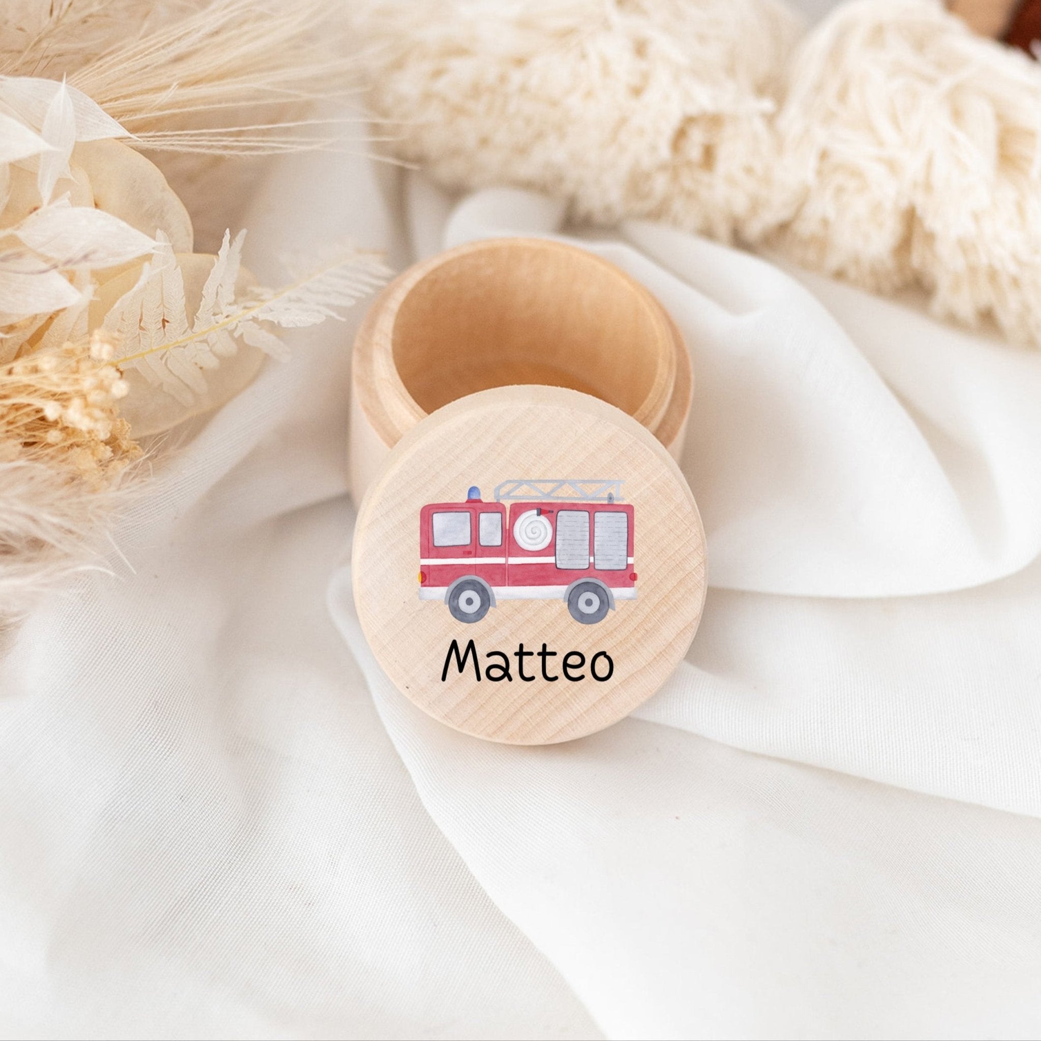 Milchzahndose Holz personalisiert - Fahrzeuge Aquarell - wunderwunsch