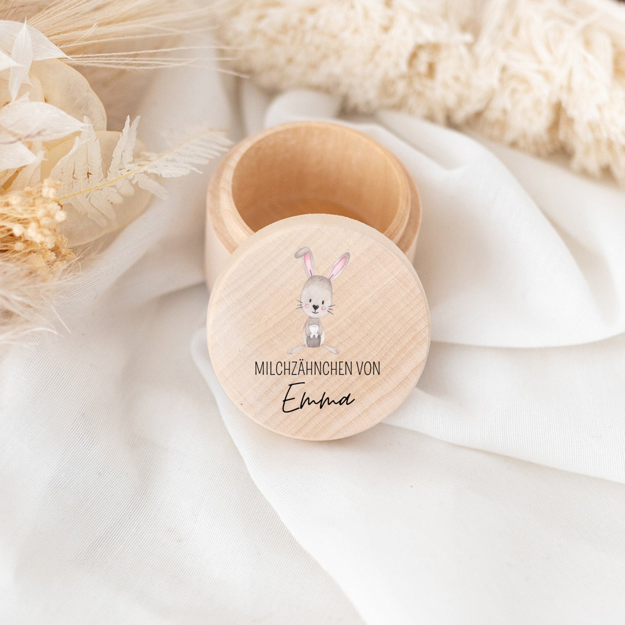 Milchzahndose Holz personalisiert - Hase mit Zahn Aquarell - wunderwunsch