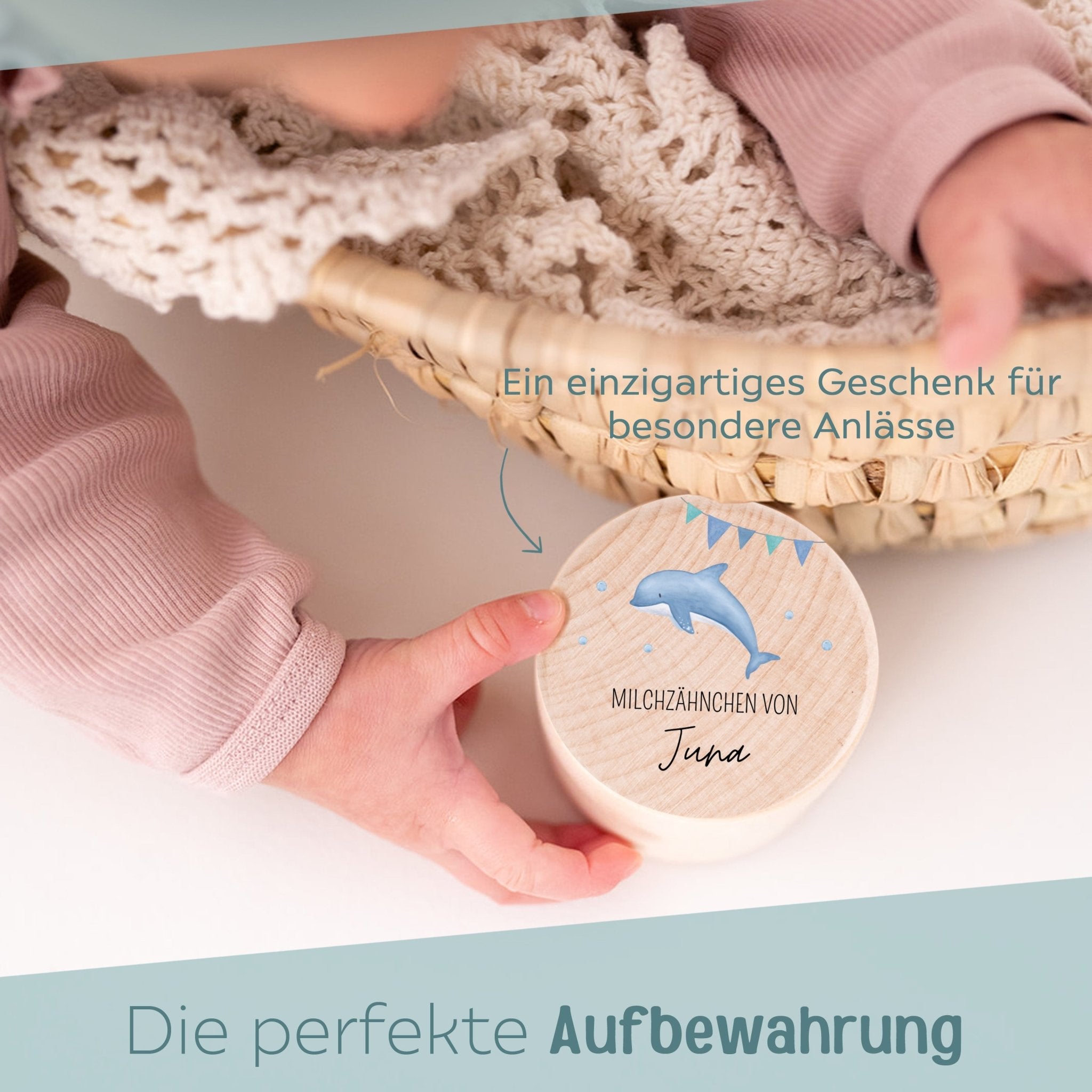 Milchzahndose Holz personalisiert - Meerestiere Aquarell - wunderwunsch