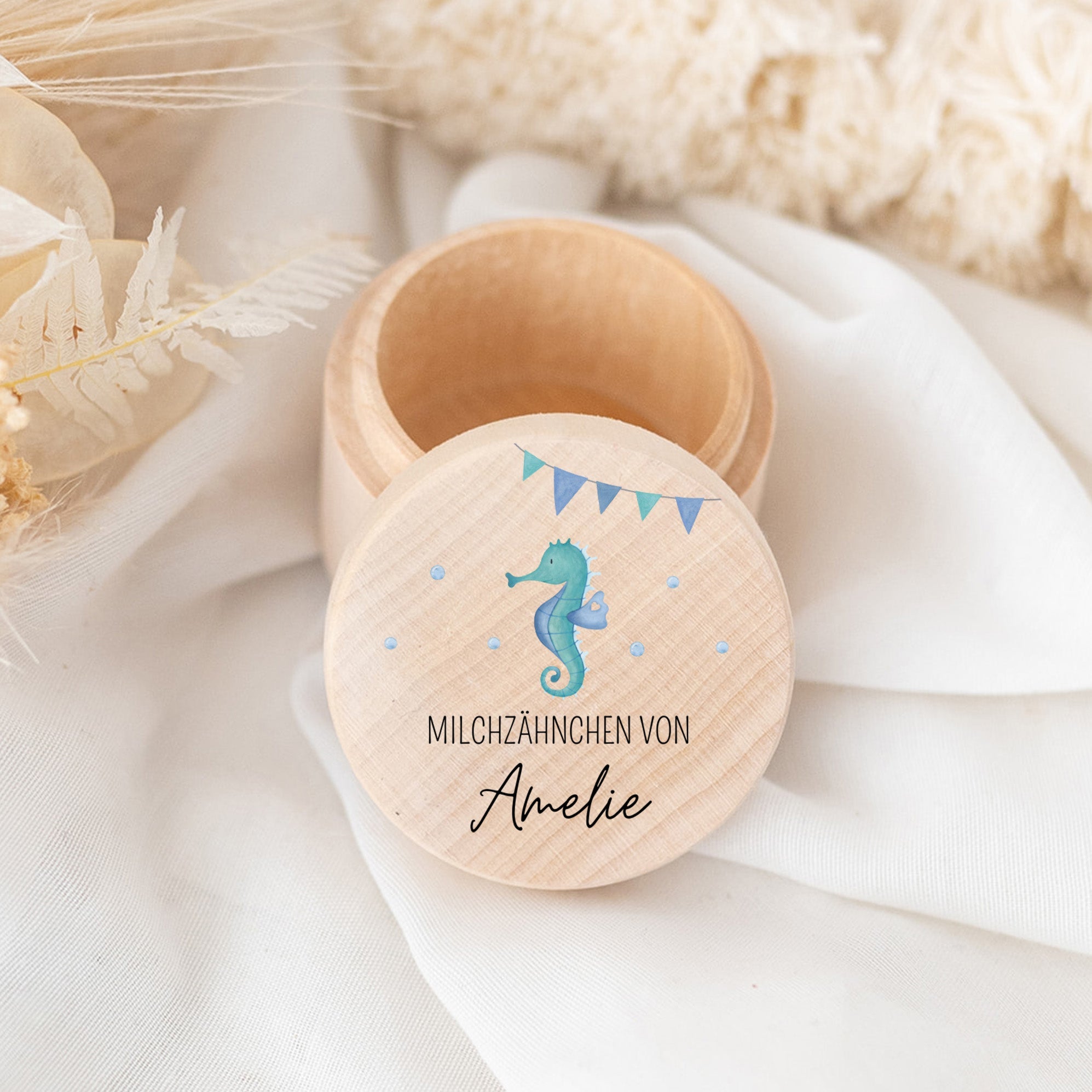 Milchzahndose Holz personalisiert - Meerestiere Aquarell - wunderwunsch