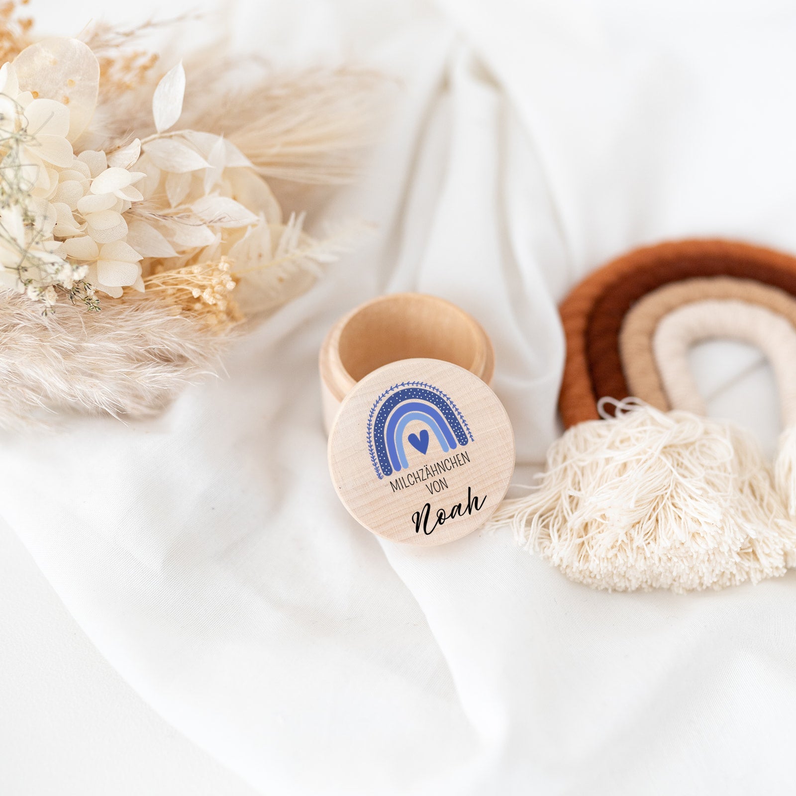 Milchzahndose Holz personalisiert - Regenbogen Aquarell - wunderwunsch