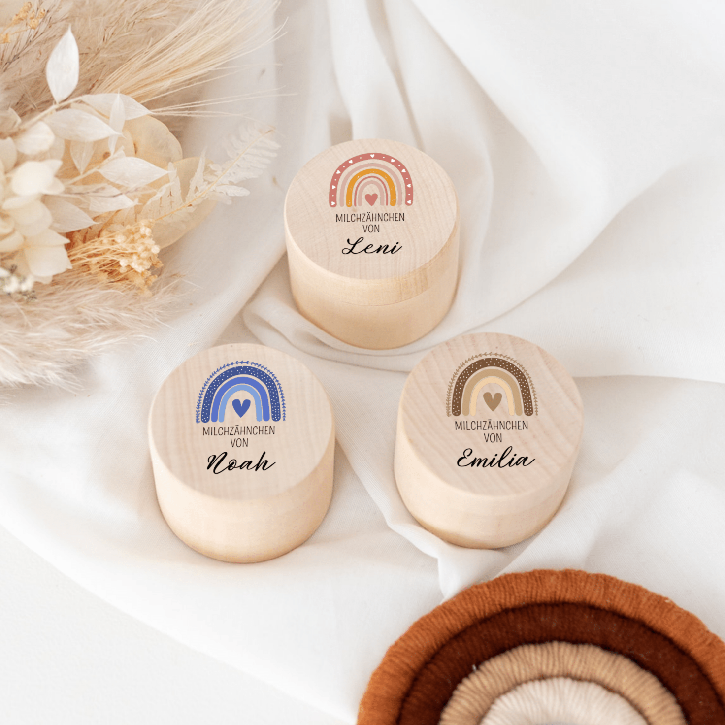 Milchzahndose Holz personalisiert - Regenbogen Aquarell - wunderwunsch