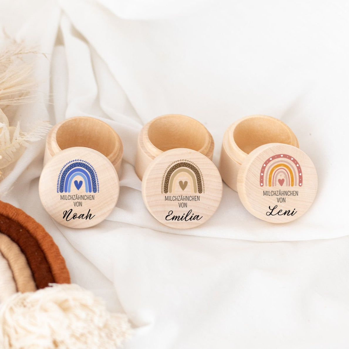 Milchzahndose Holz personalisiert - Regenbogen Aquarell - wunderwunsch