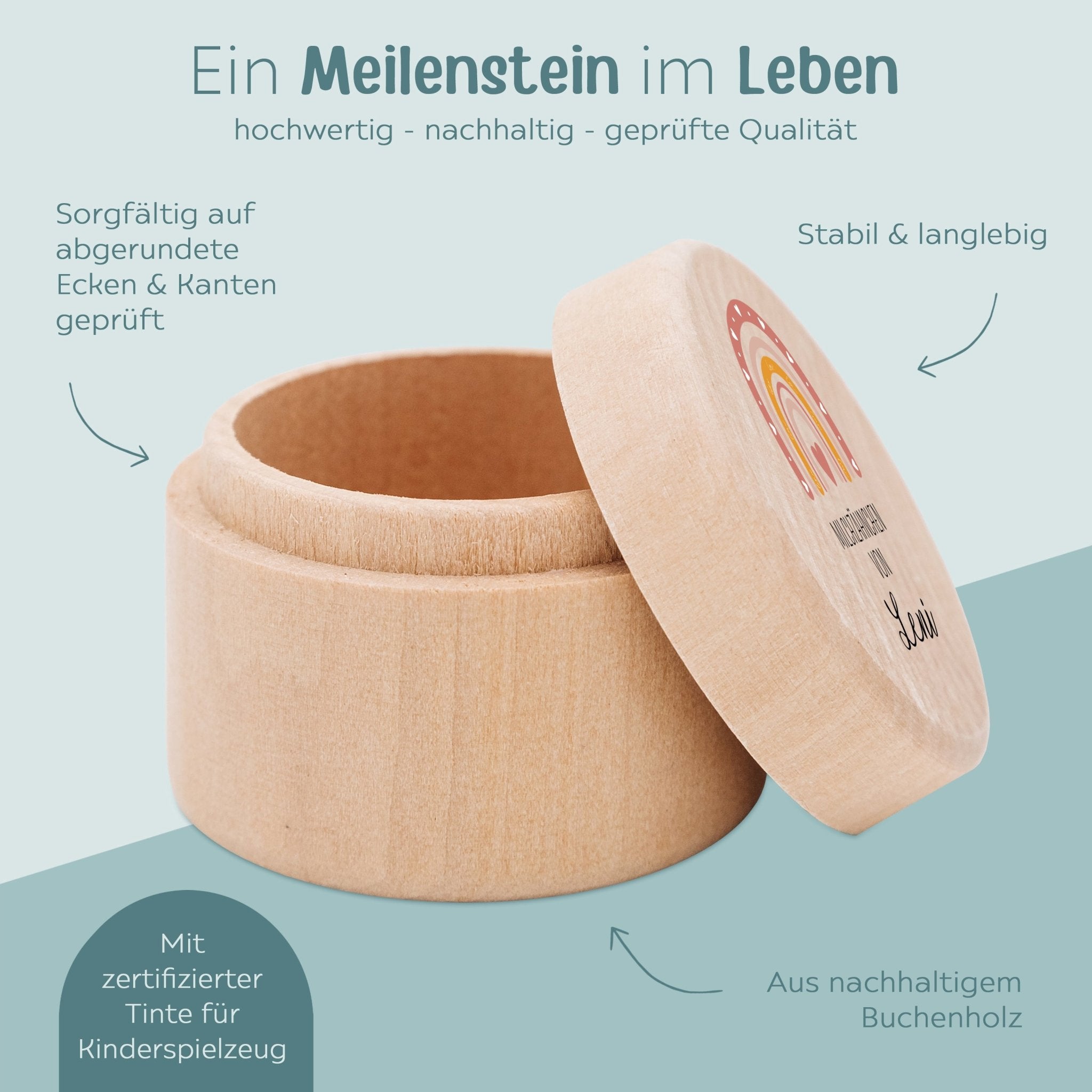 Milchzahndose Holz personalisiert - Regenbogen Aquarell - wunderwunsch