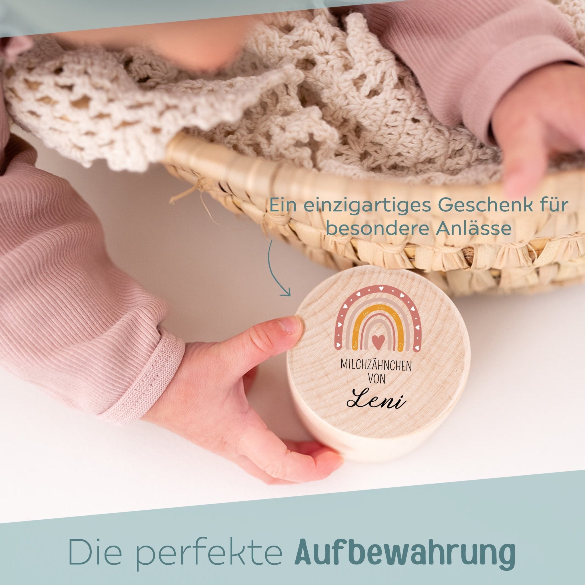 Milchzahndose Holz personalisiert - Regenbogen Aquarell - wunderwunsch