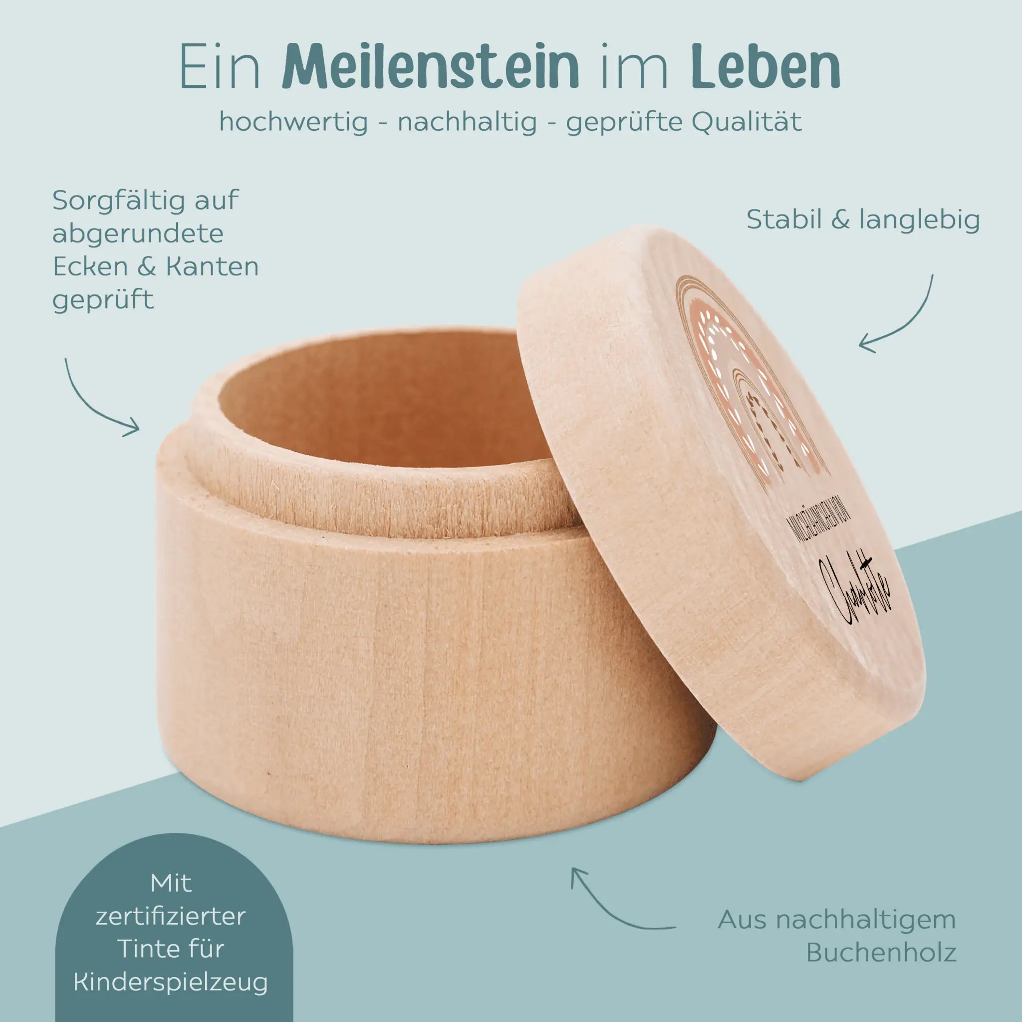 Milchzahndose Holz personalisiert - Regenbogen Boho pastell Aquarell - wunderwunsch