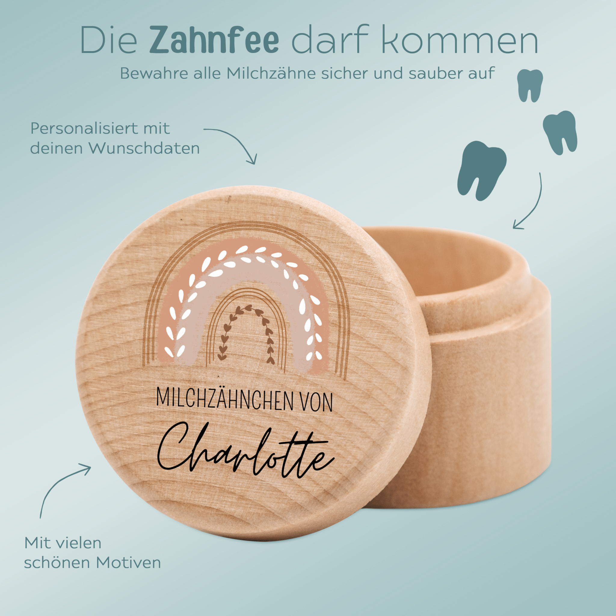 Milchzahndose Holz personalisiert - Regenbogen Boho pastell Aquarell - wunderwunsch