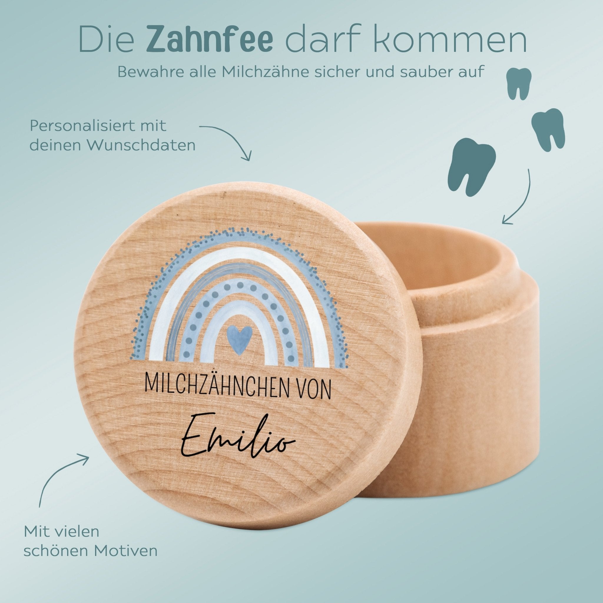 Milchzahndose Holz personalisiert - Regenbogen Punkte Aquarell - wunderwunsch