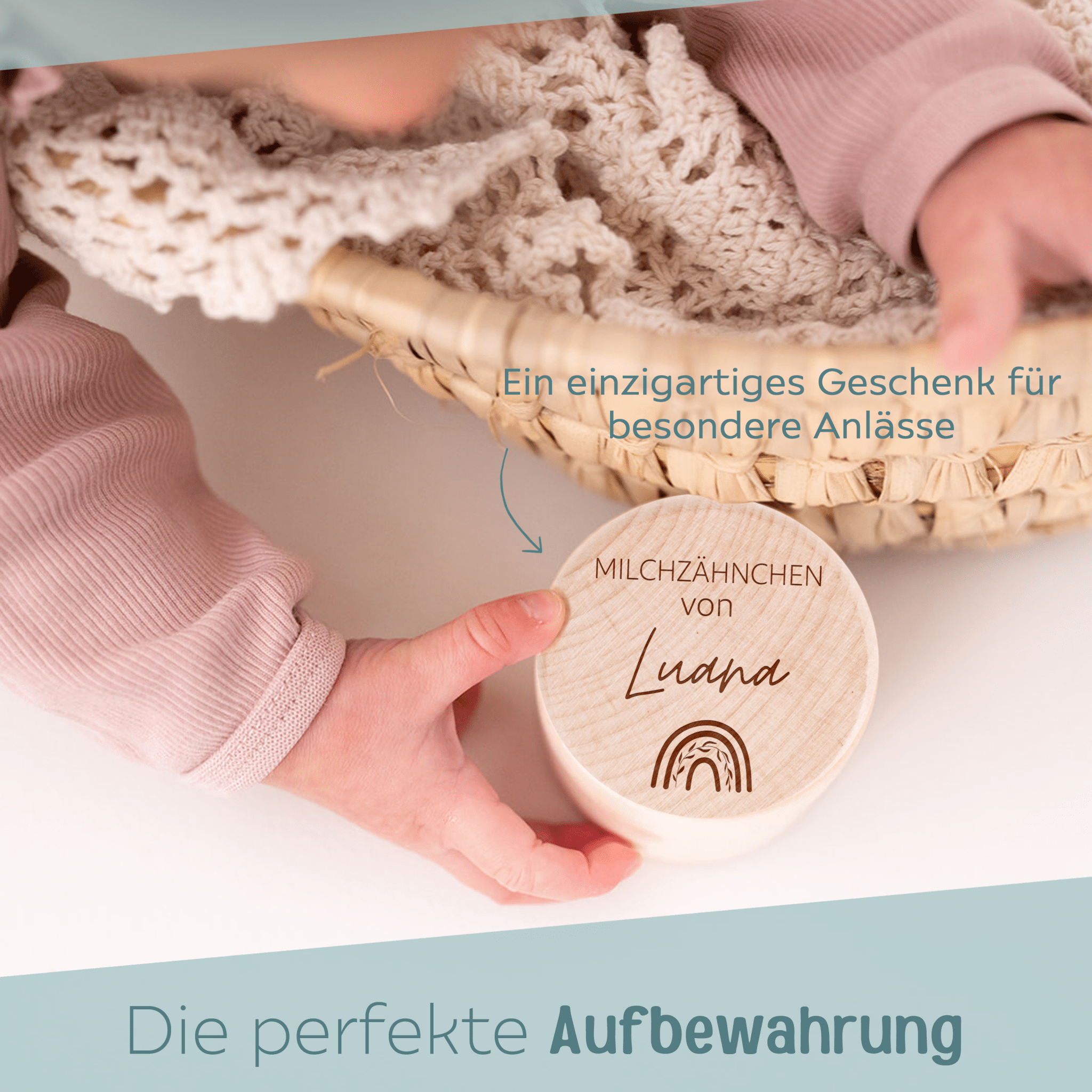 Milchzahndose Holz personalisiert - Regenbogen, Zahn, Zweig Gravur - wunderwunsch