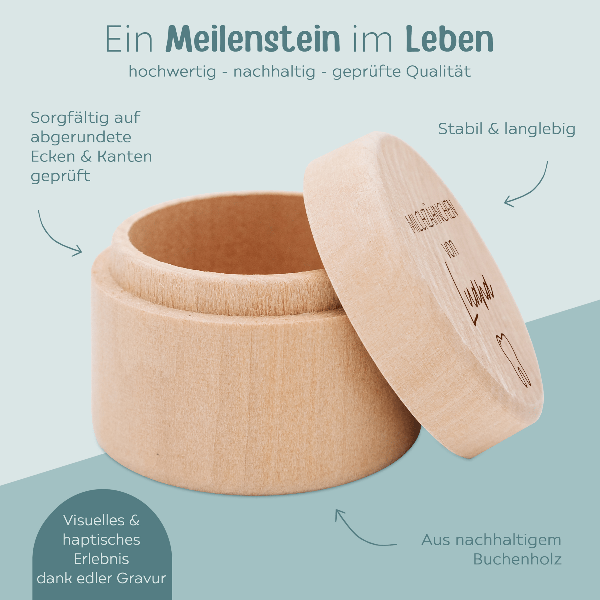 Milchzahndose Holz personalisiert - Regenbogen, Zahn, Zweig Gravur - wunderwunsch