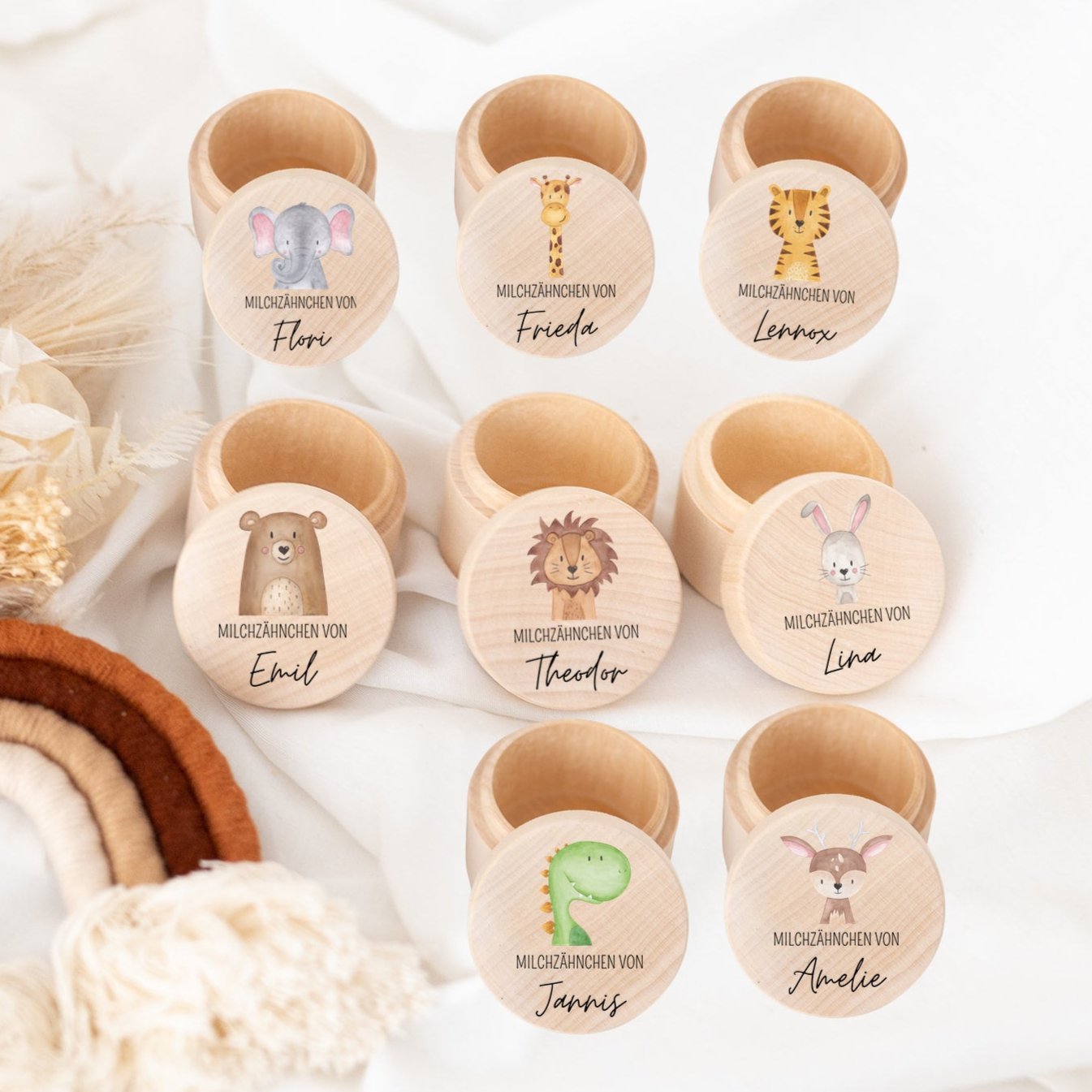 Milchzahndose Holz personalisiert - Tier Aquarell - wunderwunsch