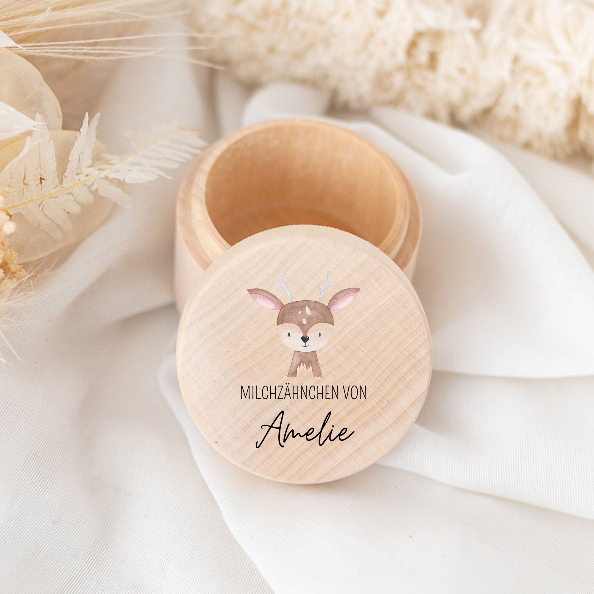 Milchzahndose Holz personalisiert - Tier Aquarell - wunderwunsch