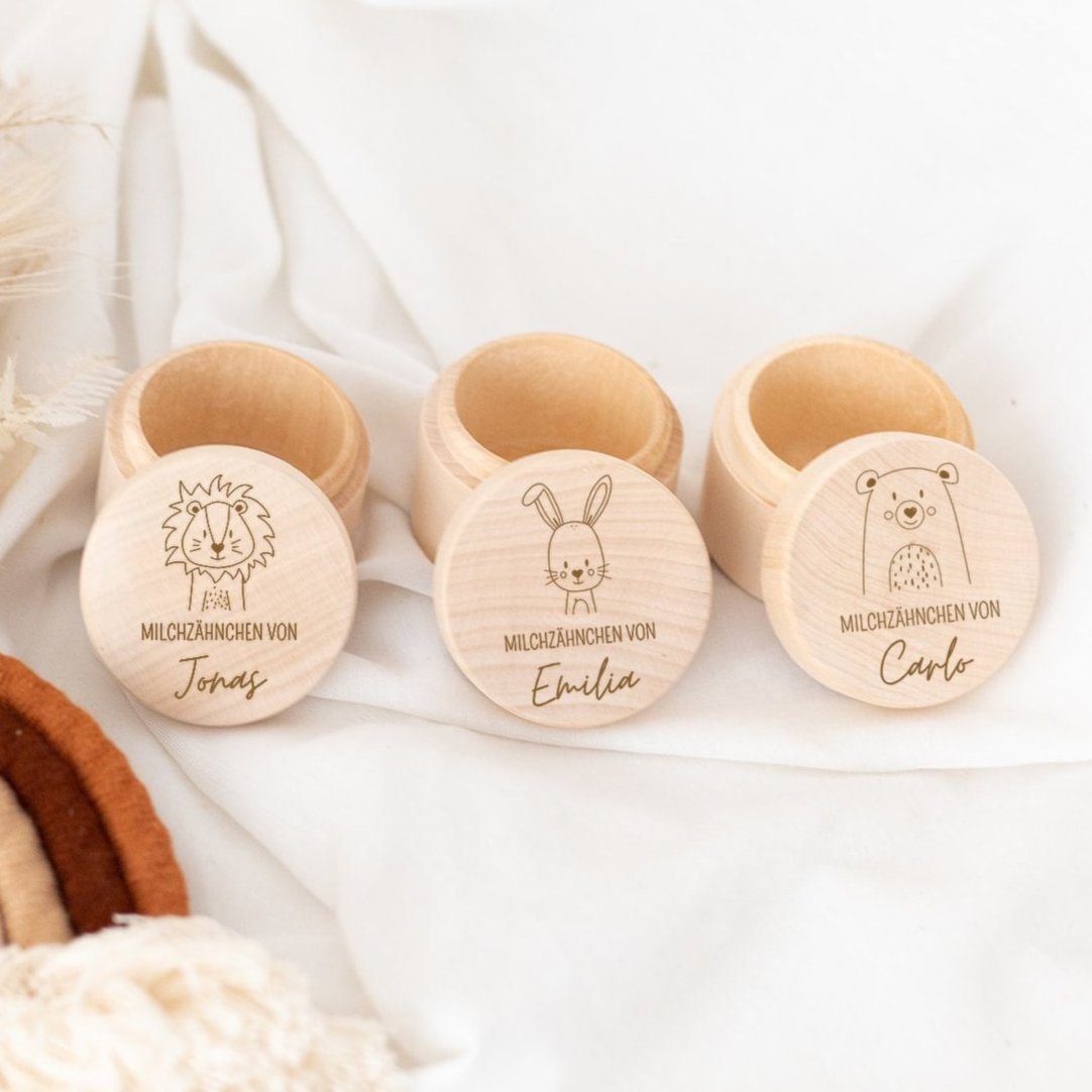 Milchzahndose Holz personalisiert - Tier Gravur - wunderwunsch