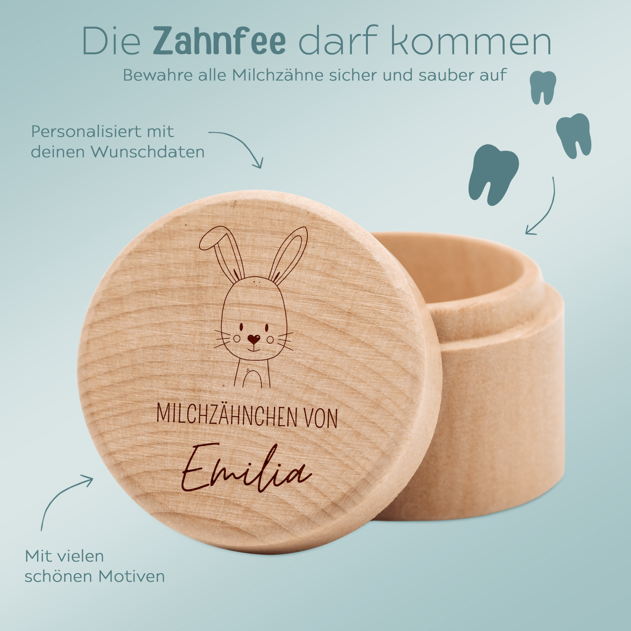 Milchzahndose Holz personalisiert - Tier Gravur - wunderwunsch