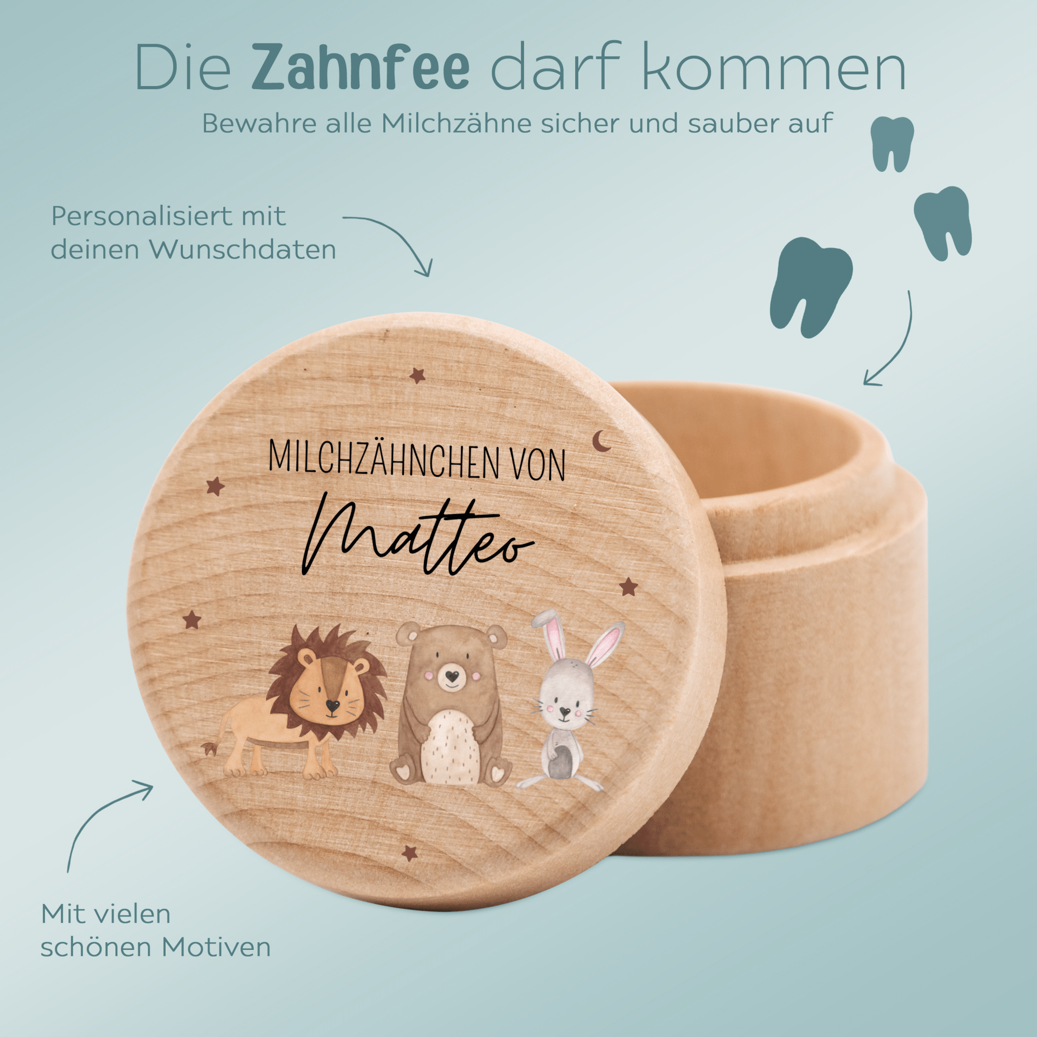 Milchzahndose Holz personalisiert - Tiere Sternenhimmel Aquarell - wunderwunsch
