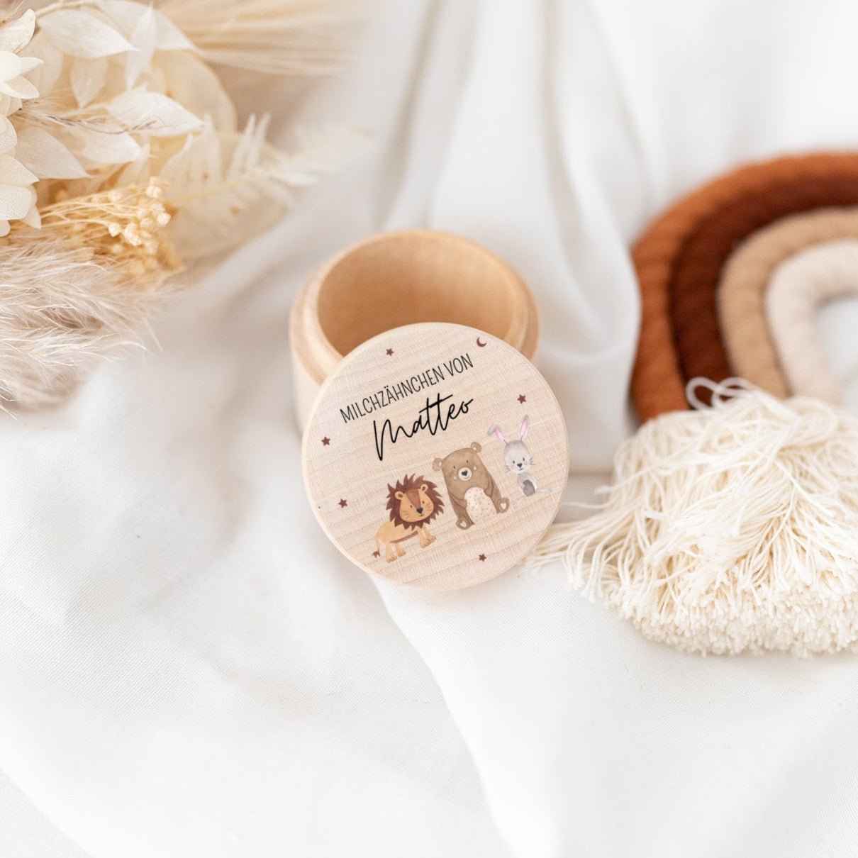 Milchzahndose Holz personalisiert - Tiere Sternenhimmel Aquarell - wunderwunsch