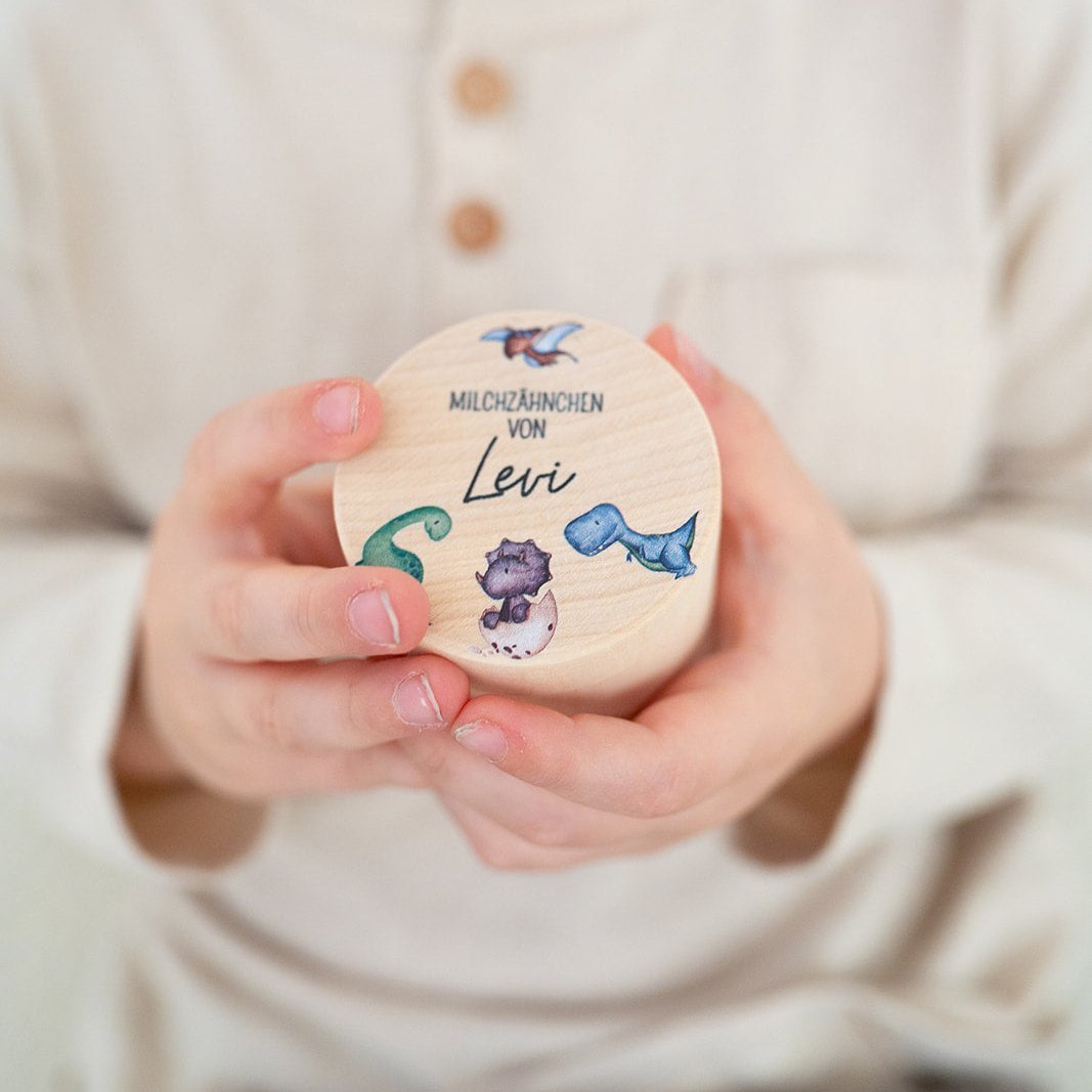 Milchzahndose Holz personalisiert - Tiere und Dinos Aquarell - wunderwunsch
