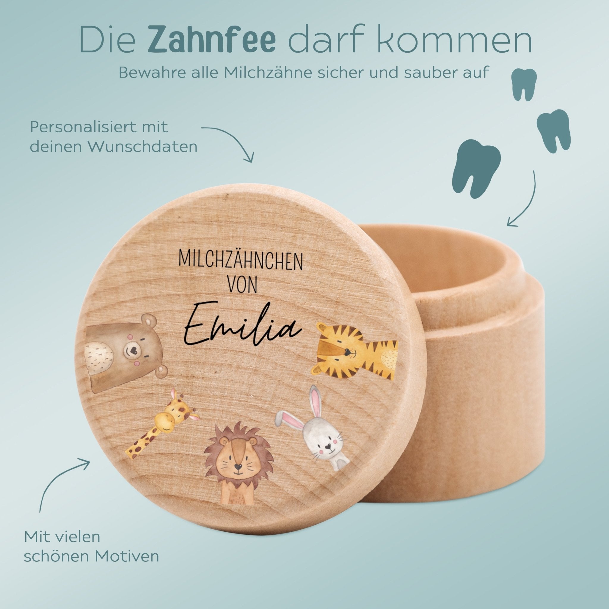 Milchzahndose Holz personalisiert - Tiere und Dinos Aquarell - wunderwunsch
