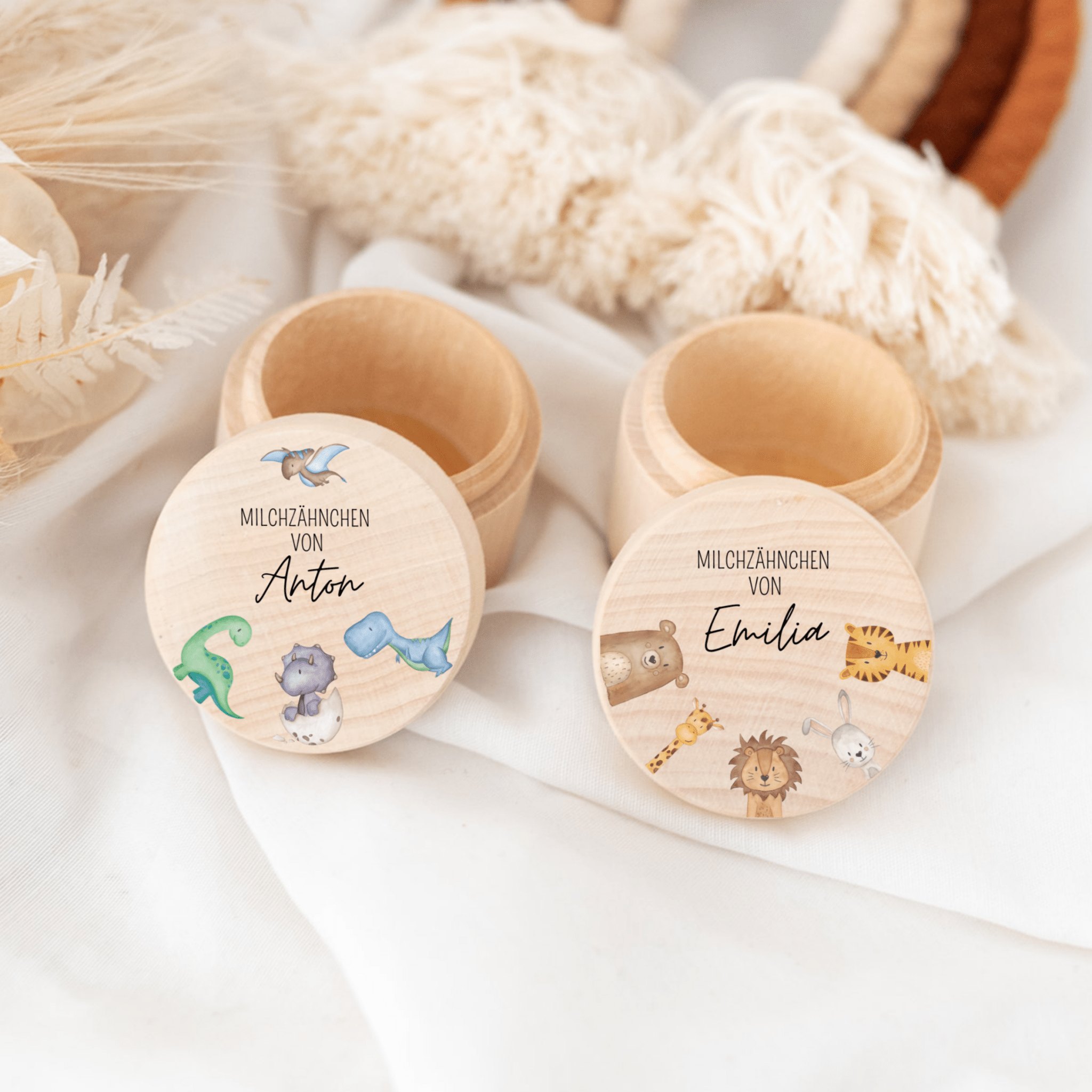 Milchzahndose Holz personalisiert - Tiere und Dinos Aquarell - wunderwunsch