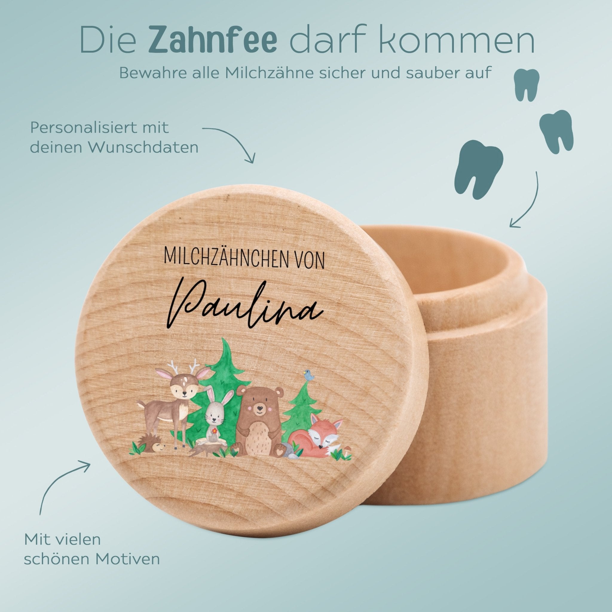 Milchzahndose Holz personalisiert - Waldfreunde Aquarell - wunderwunsch