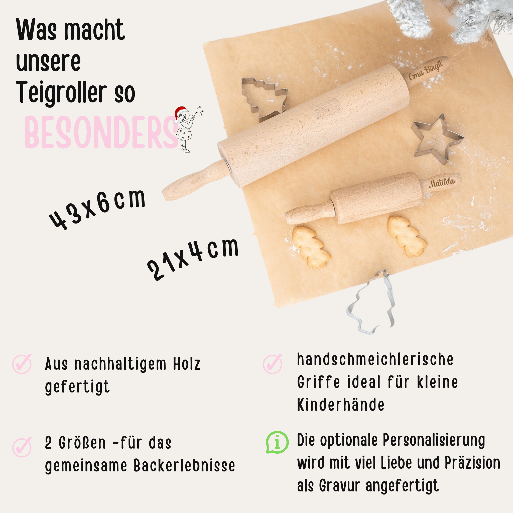 Nudelholz für Kinder und Erwachsene personalisiert - wunderwunsch