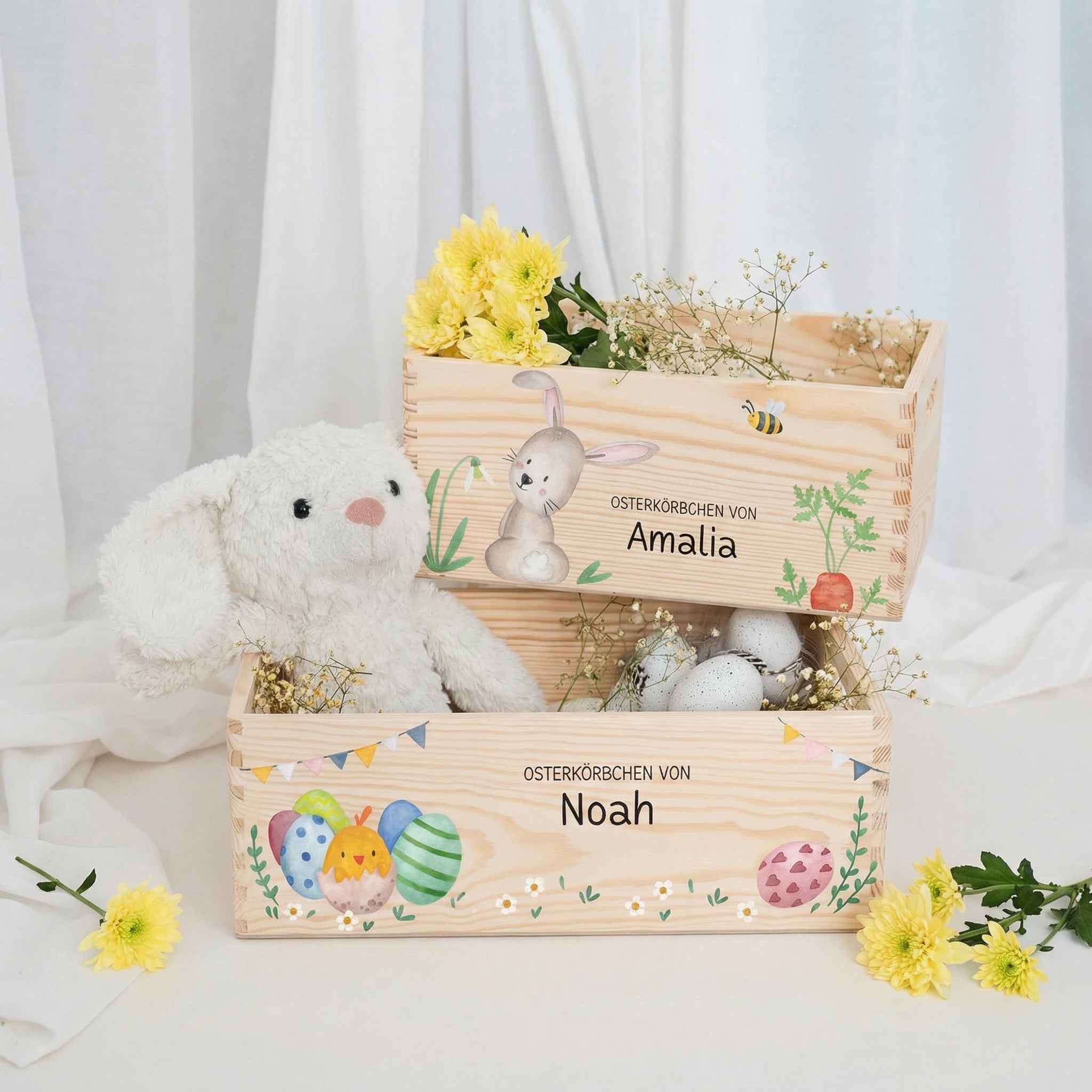 Osterkiste Holz personalisiert Osterhase und Eiersuche Aquarell - wunderwunsch