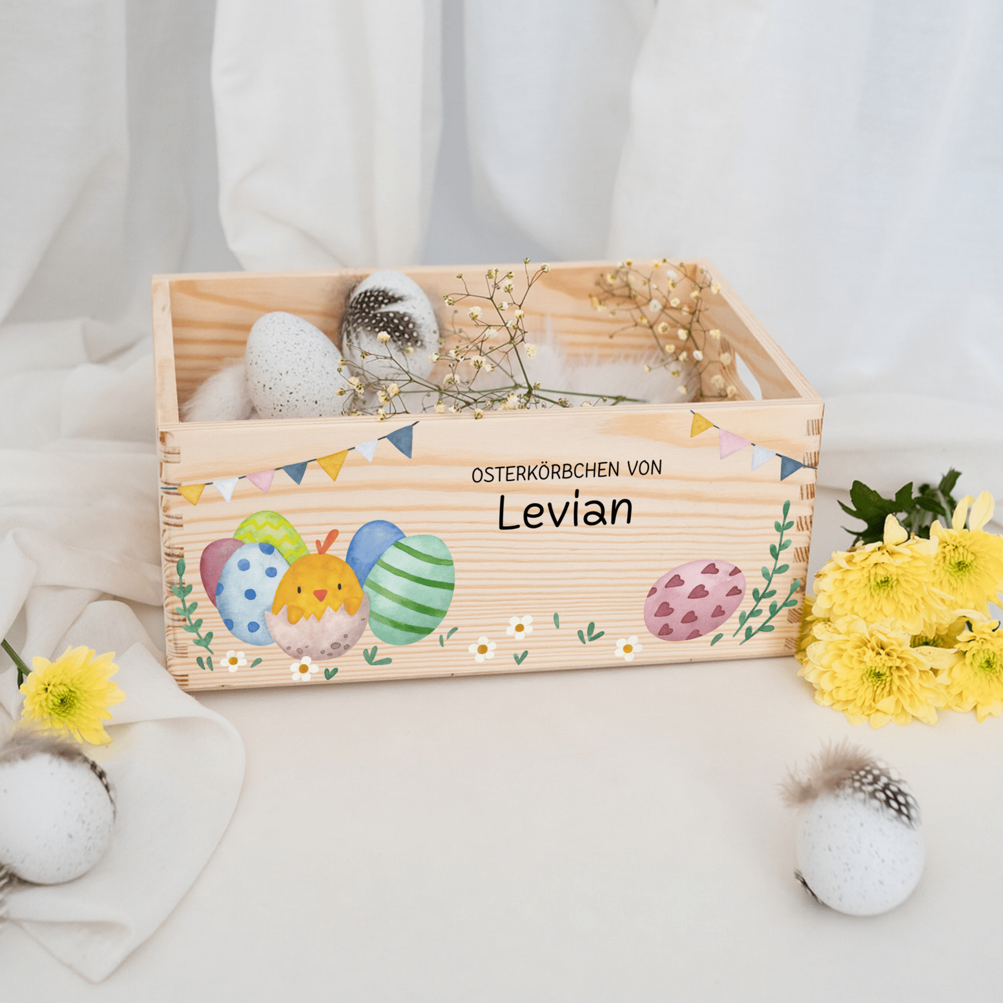 Osterkiste Holz personalisiert - Osterhase und Eiersuche Druckschrift Aquarell - wunderwunsch