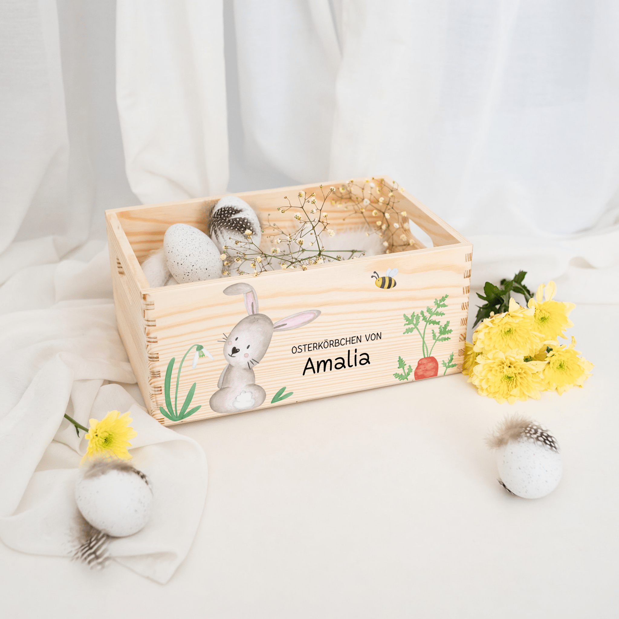 Osterkiste Holz personalisiert - Osterhase und Eiersuche Druckschrift Aquarell - wunderwunsch