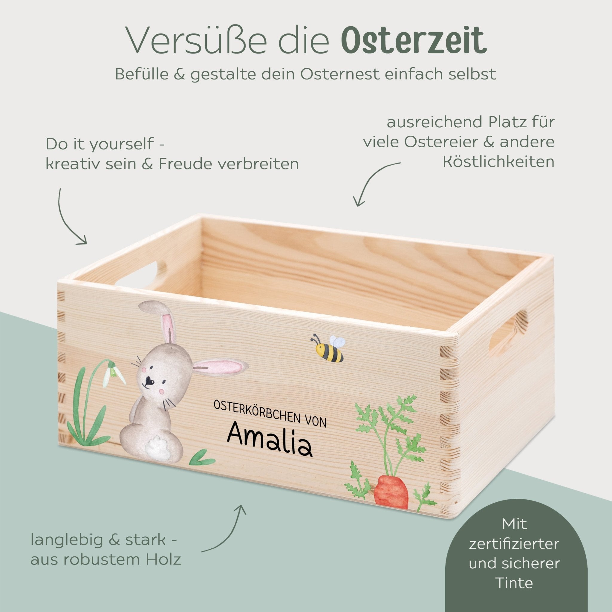 Osterkiste Holz personalisiert - Osterhase und Eiersuche Druckschrift Aquarell - wunderwunsch