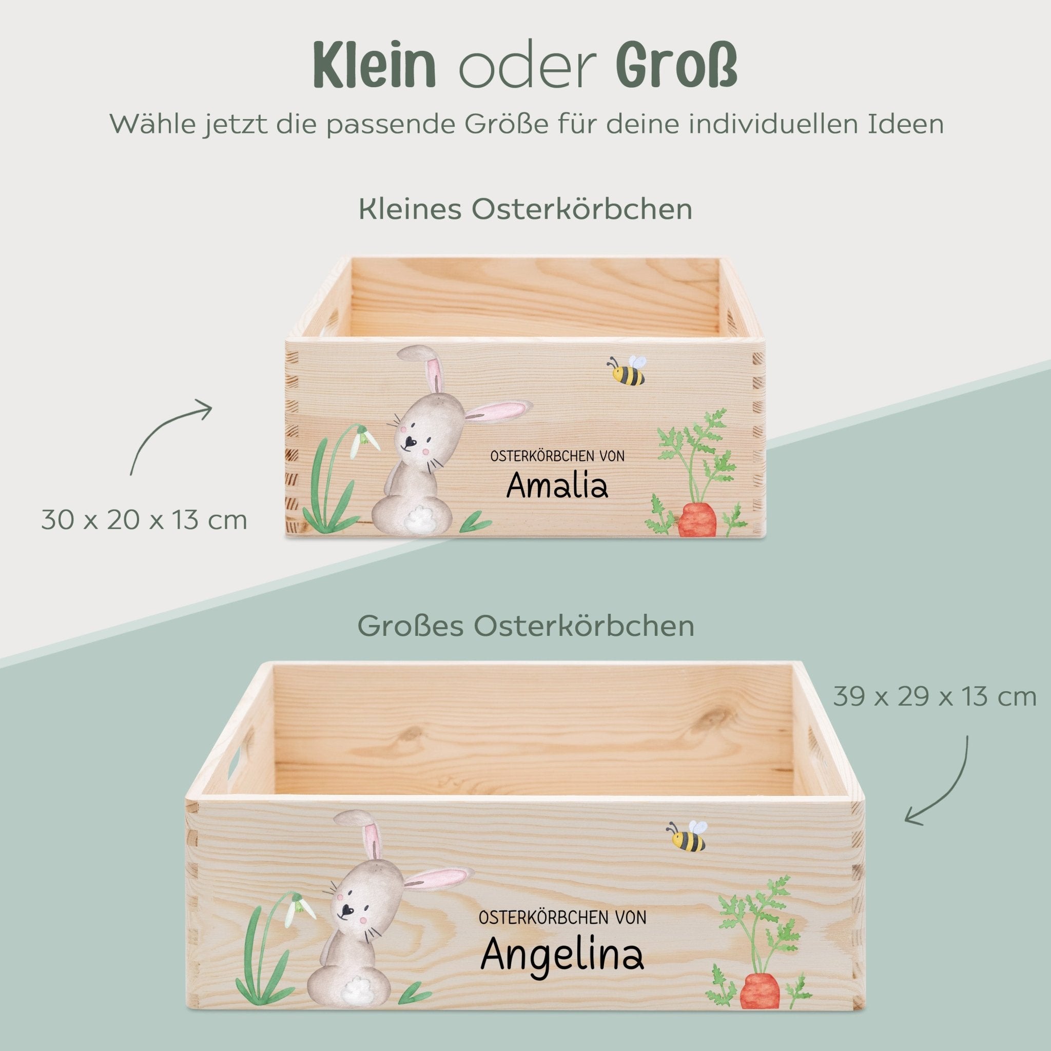 Osterkiste Holz personalisiert - Osterhase und Eiersuche Druckschrift Aquarell - wunderwunsch