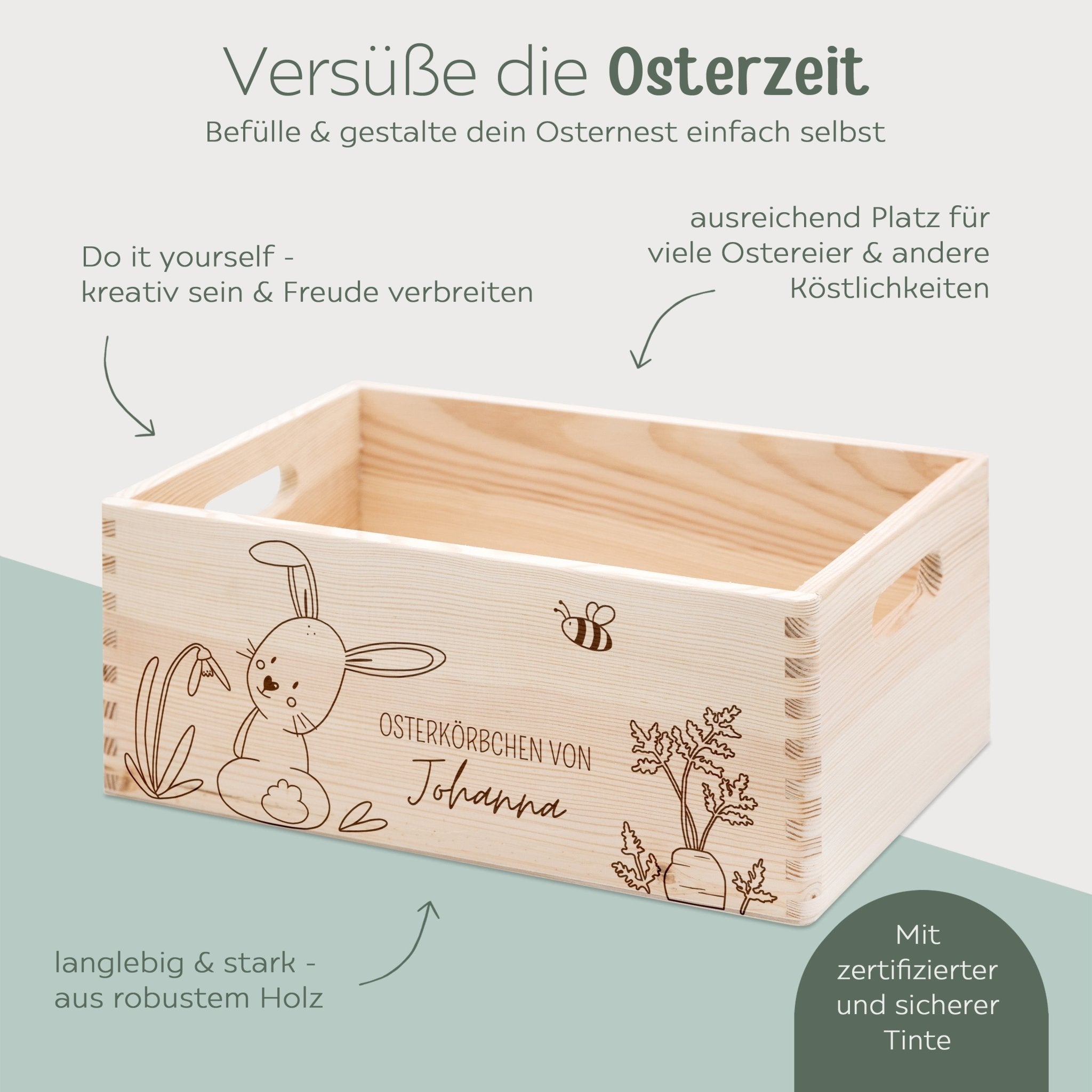 Osterkiste Holz personalisiert - Osterhase und Eiersuche Gravur - wunderwunsch