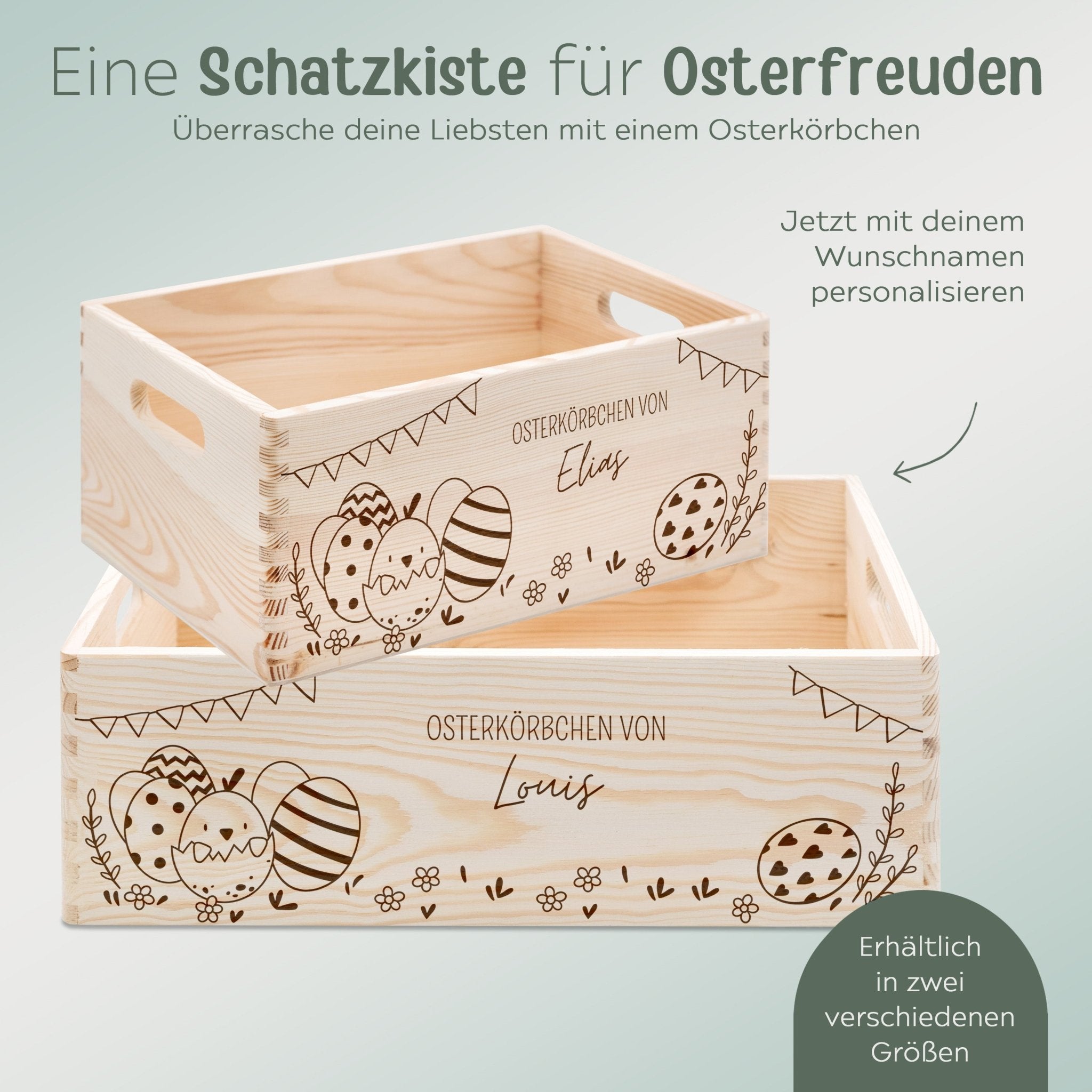 Osterkiste Holz personalisiert - Osterhase und Eiersuche Gravur - wunderwunsch