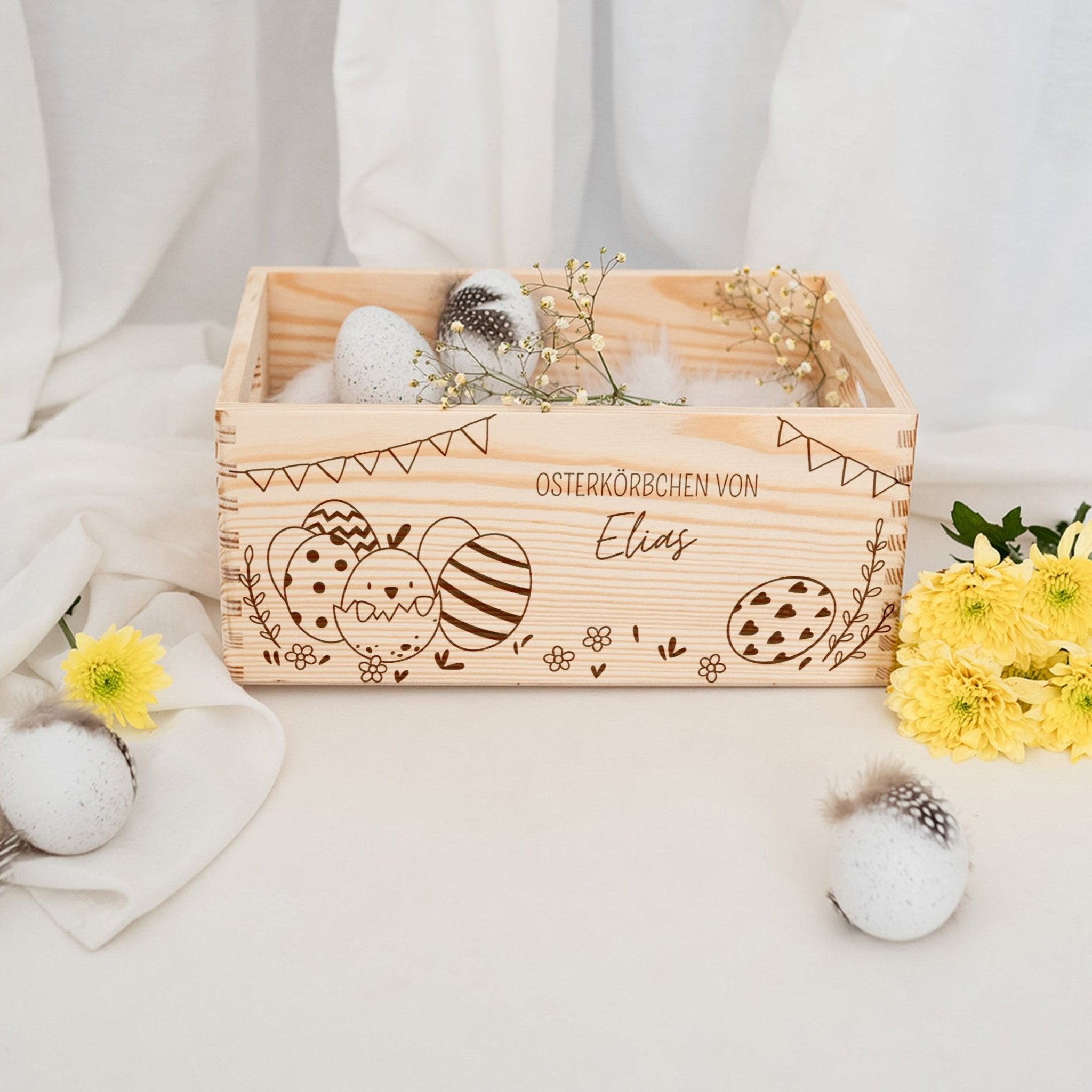 Osterkiste Holz personalisiert - Osterhase und Eiersuche Gravur - wunderwunsch