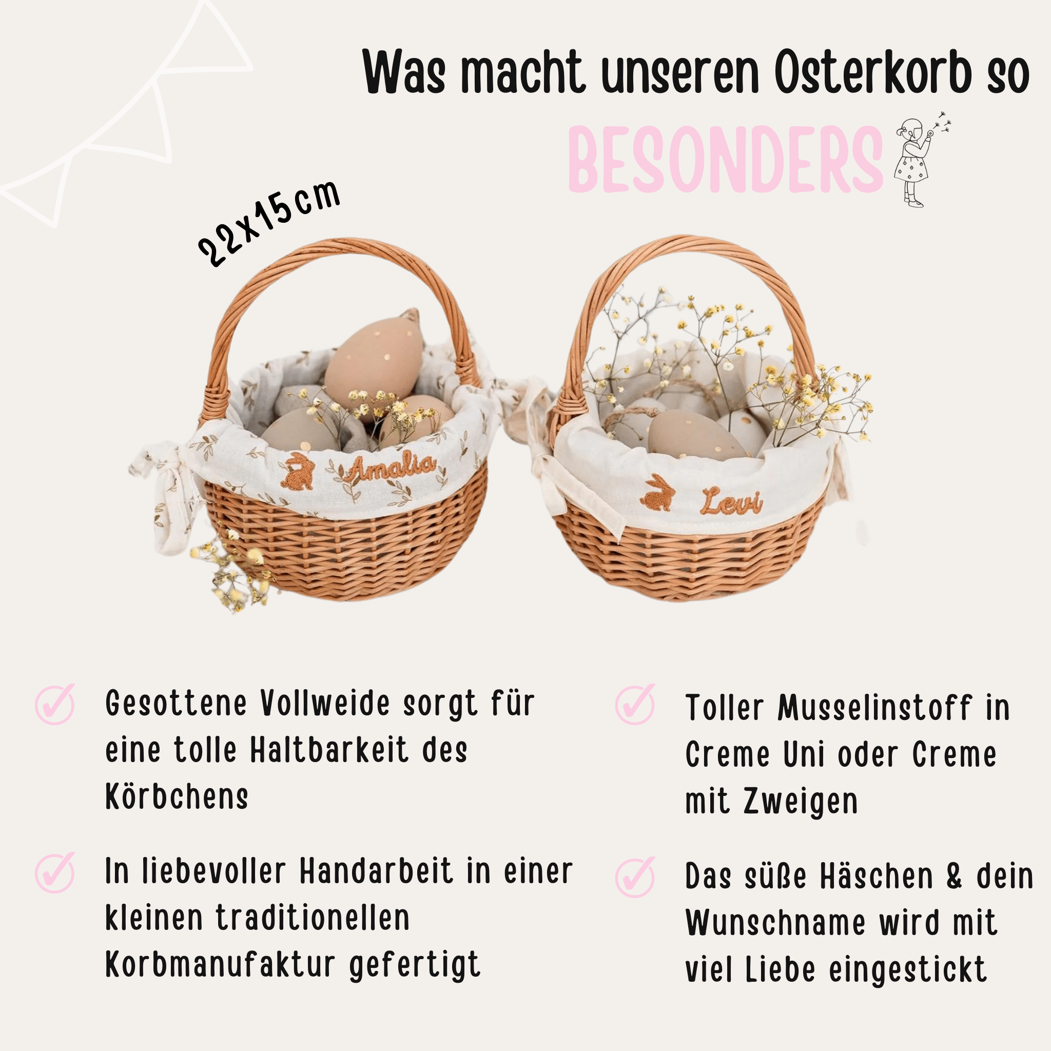 Osterkörbchen Weide mit Stoffeinsatz - personalisiert - wunderwunsch