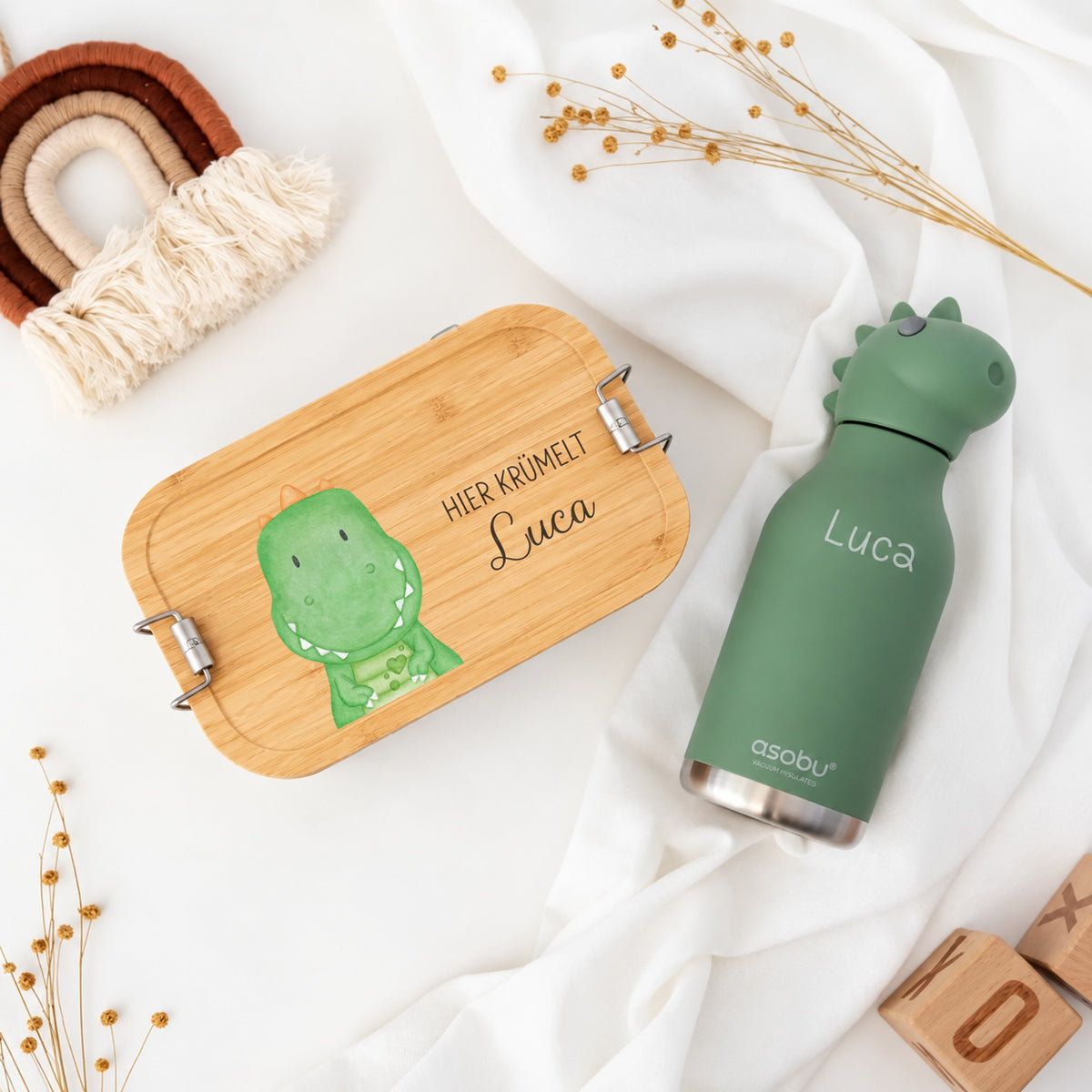 Pausen Bundle - Brotdose + ASOBU Bestie Tier Trinkflasche personalisiert