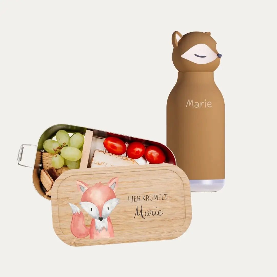 Pausen Bundle - Brotdose + ASOBU Bestie Tier Trinkflasche personalisiert - wunderwunsch