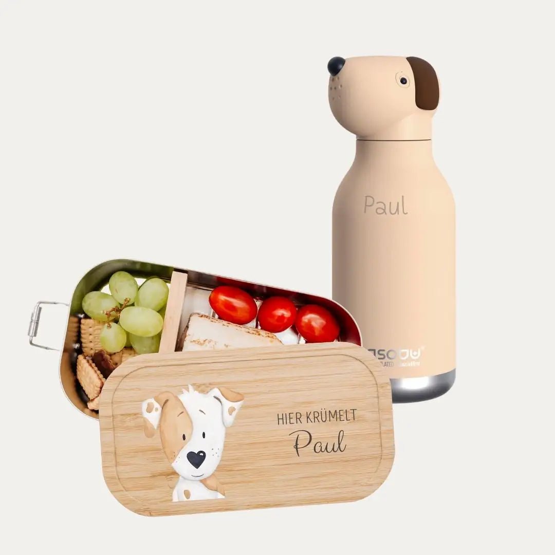 Pausen Bundle - Brotdose + ASOBU Bestie Tier Trinkflasche personalisiert - wunderwunsch