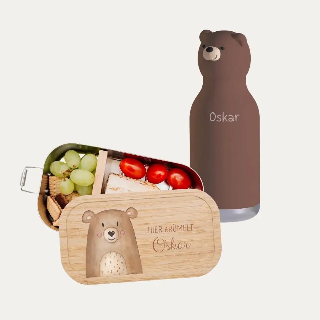 Pausen Bundle - Brotdose + ASOBU Bestie Tier Trinkflasche personalisiert - wunderwunsch