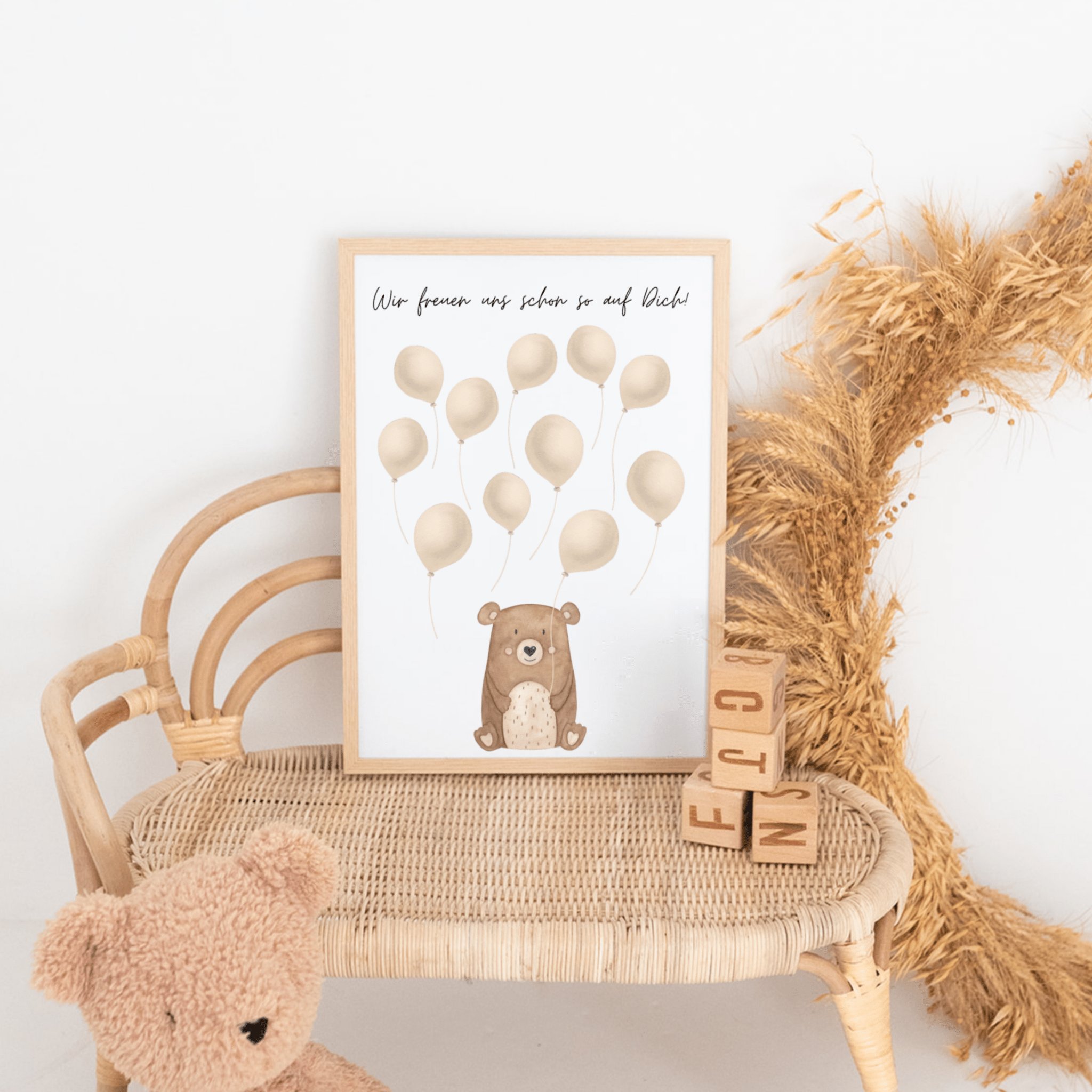 Poster Fingerabdrücke Babyparty - Bär Luftballons Aquarell - wunderwunsch