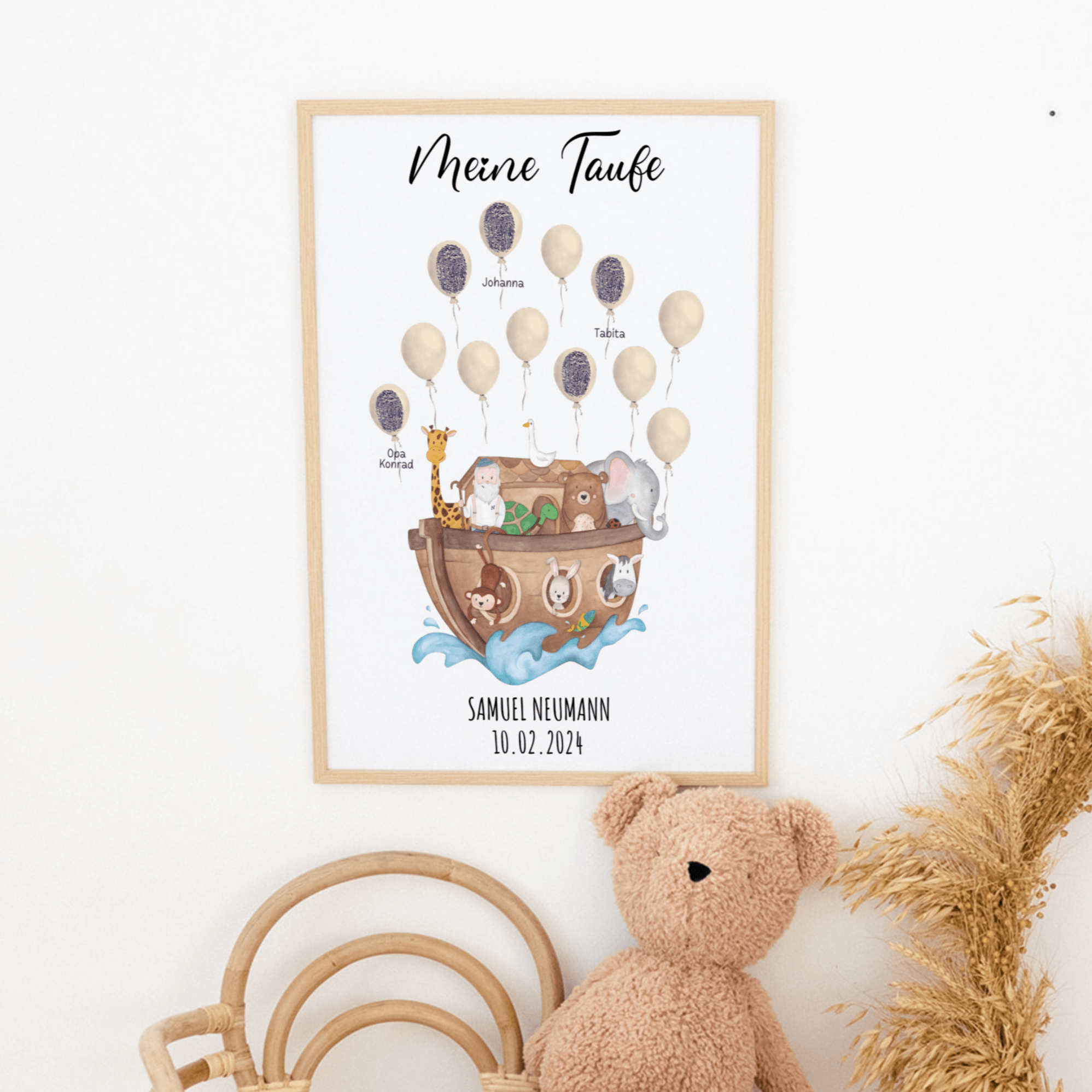 Poster Taufe Fingerabdrücke - Arche Noah Tiere Aquarell - wunderwunsch