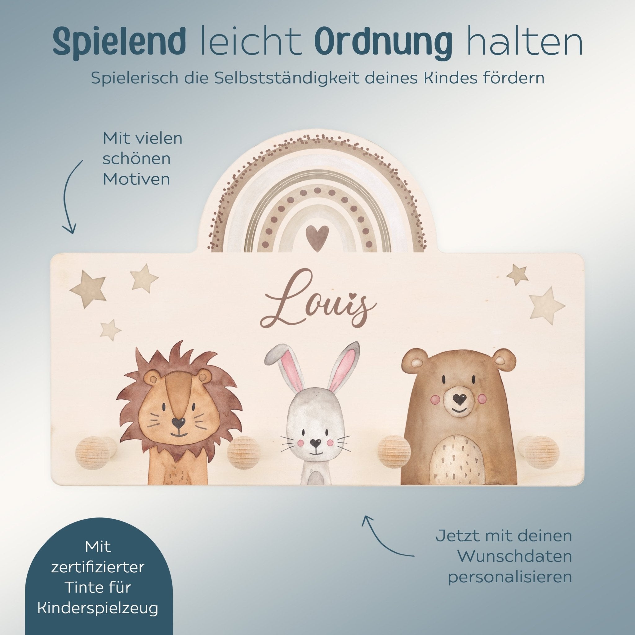 Regenbogen Kindergarderobe personalisiert - Tiere Regenbogen Aquarell - wunderwunsch