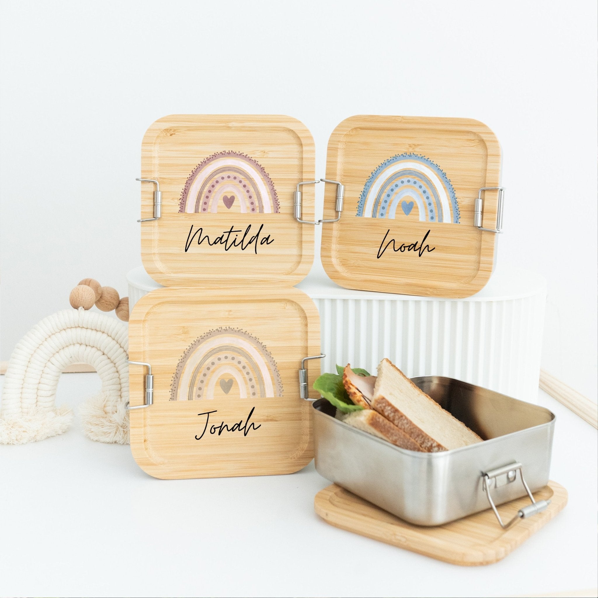 Sandwichbox Quadratische Brotdose Edelstahl personalisiert - Regenbogen Aquarell - wunderwunsch