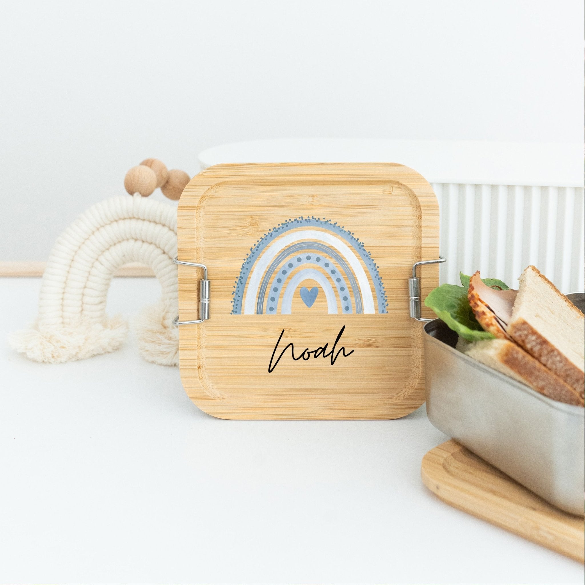 Sandwichbox Quadratische Brotdose Edelstahl personalisiert - Regenbogen Aquarell - wunderwunsch