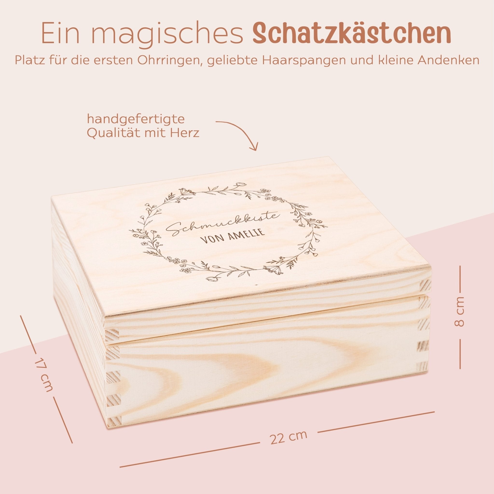 Schmuckkiste mit Spiegel aus Holz - Blumenkranz Gravur - wunderwunsch