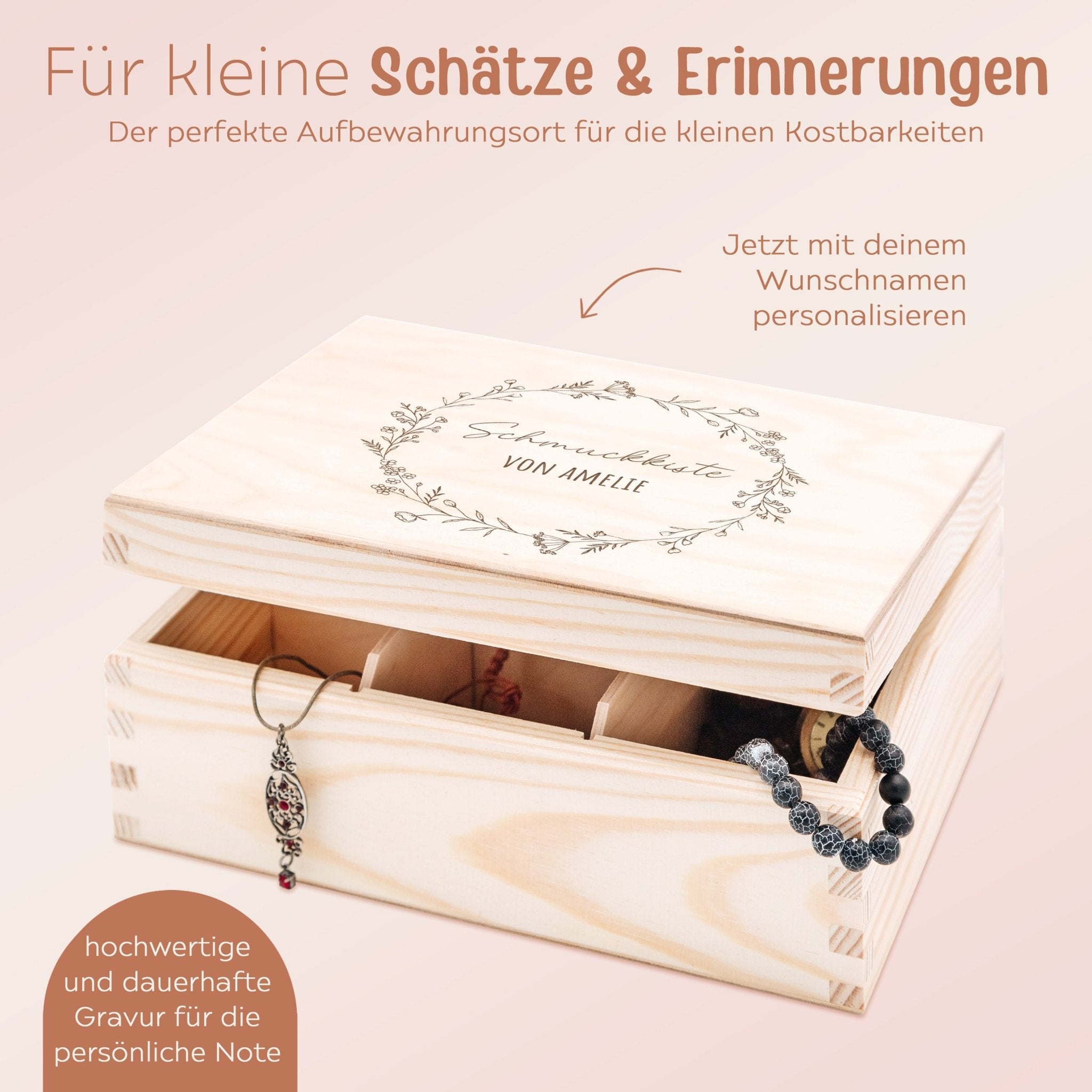 Schmuckkiste mit Spiegel aus Holz - Blumenkranz Gravur - wunderwunsch