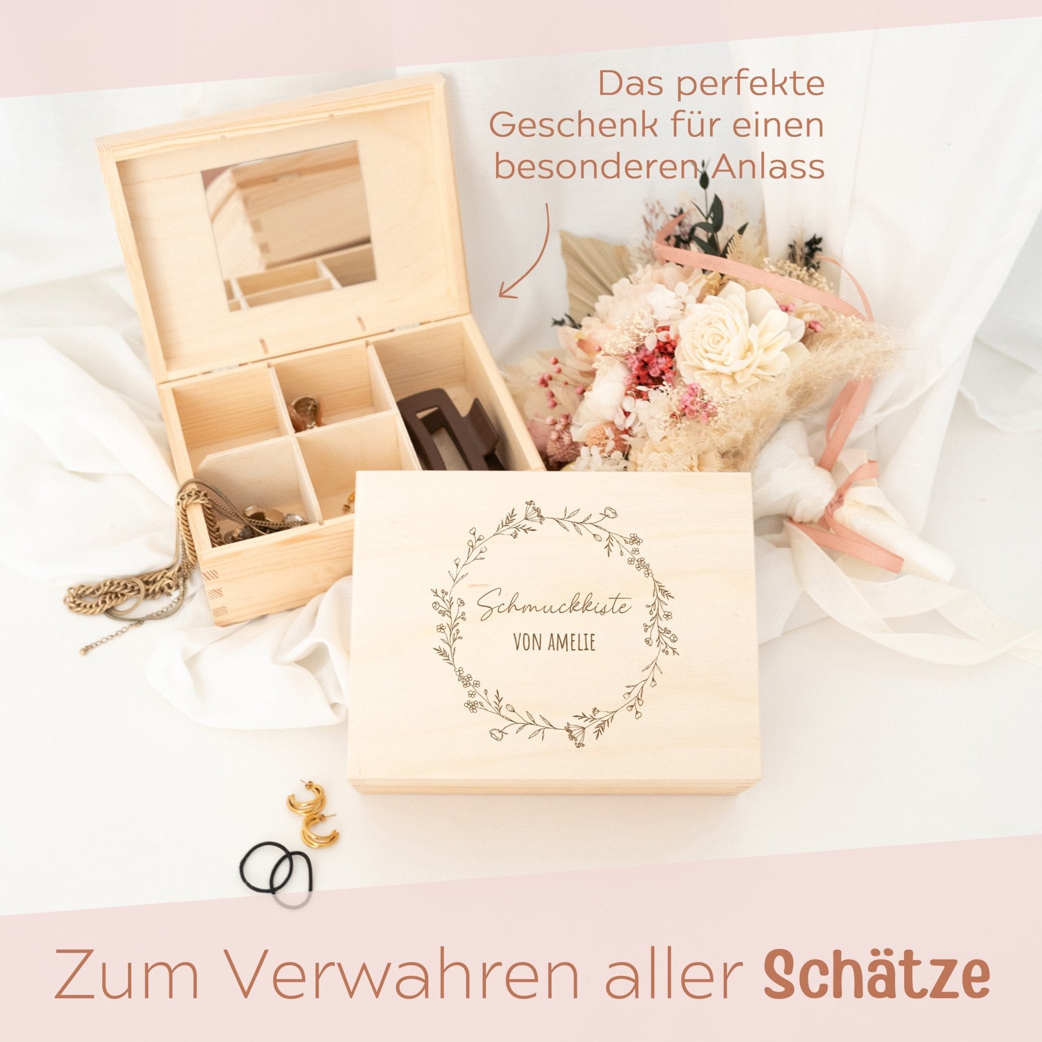 Schmuckkiste mit Spiegel aus Holz - Blumenkranz Gravur - wunderwunsch