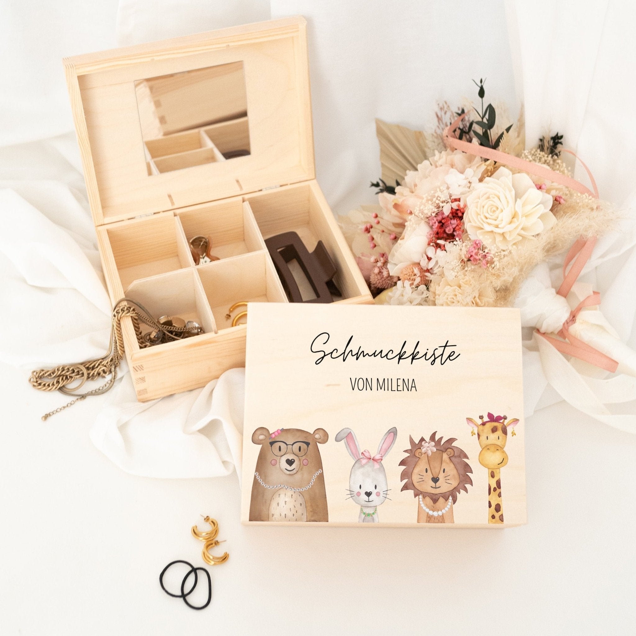 Schmuckkiste mit Spiegel aus Holz - Tiere mit Schmuck Aquarell - wunderwunsch