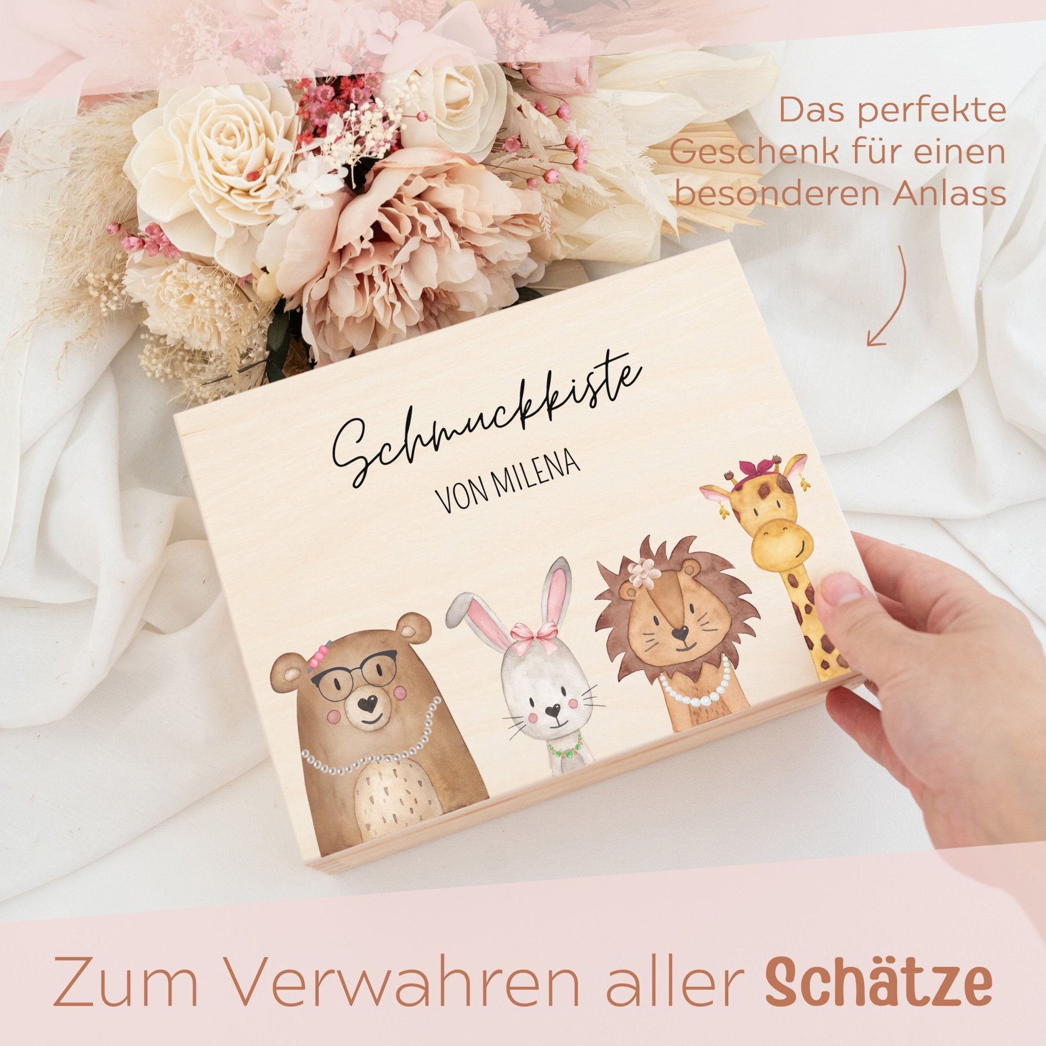 Schmuckkiste mit Spiegel aus Holz - Tiere mit Schmuck Aquarell - wunderwunsch