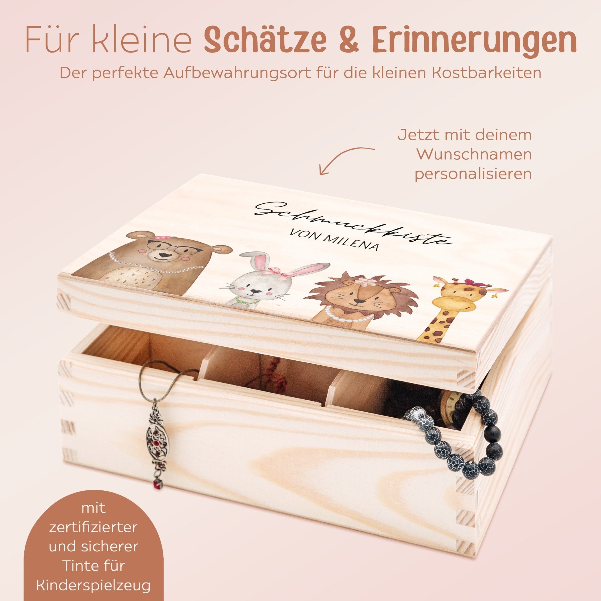 Schmuckkiste mit Spiegel aus Holz - Tiere mit Schmuck Aquarell - wunderwunsch